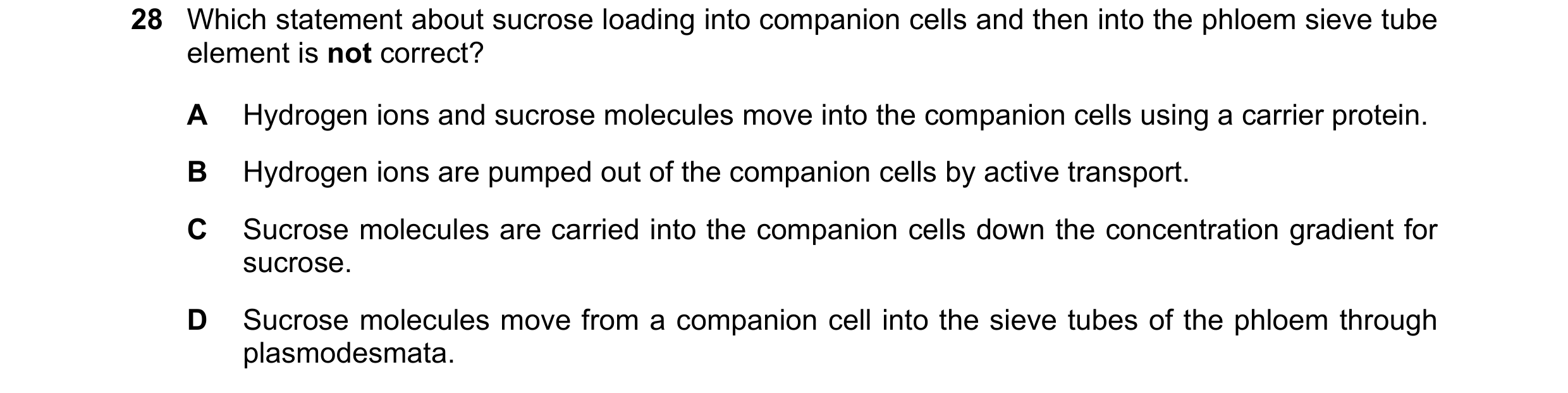 Question 222: Which statement about sucrose loading into companion cells and then into the phloem sieve tube element is not correct? A Hydrogen ions and …