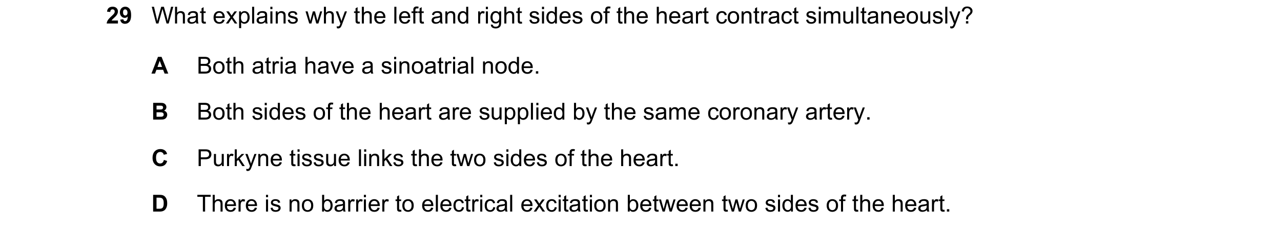 Question 92: What explains why the left and right sides of the heart contract simultaneously? A Both atria have a sinoatrial node. B Both sides of the h…