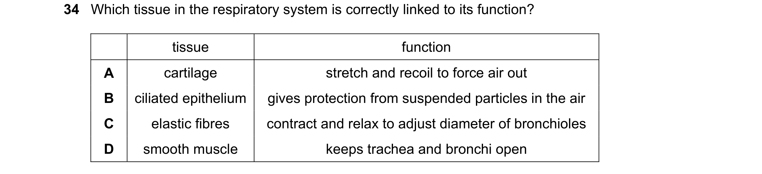 Question 179: Which tissue in the respiratory system is correctly linked to its function? tissue function A cartilage stretch and recoil to force air out…