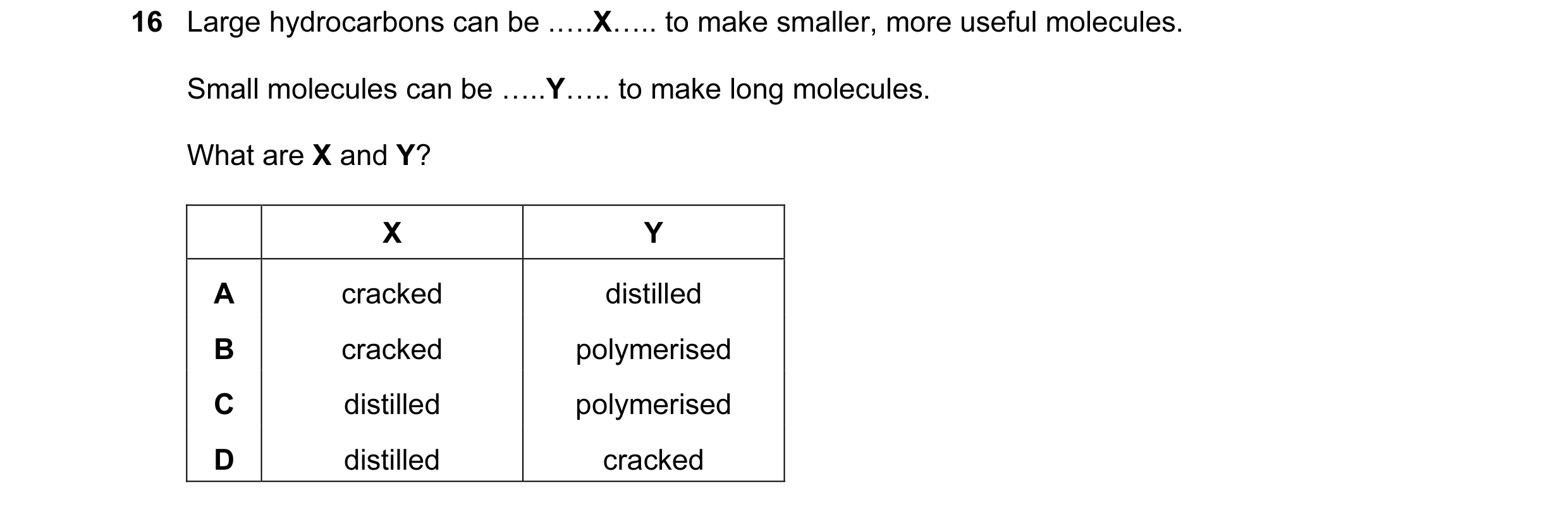 Question 1: Large hydrocarbons can be .….X….. to make smaller, more useful molecules. Small molecules can be …..Y….. to make long molecules. What are X…