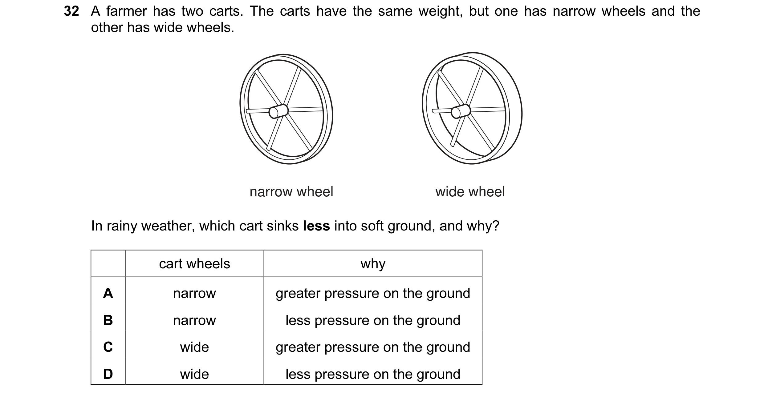 Question 1: A farmer has two carts. The carts have the same weight, but one has narrow wheels and the other has wide wheels. narrow wheel wide wheel In…