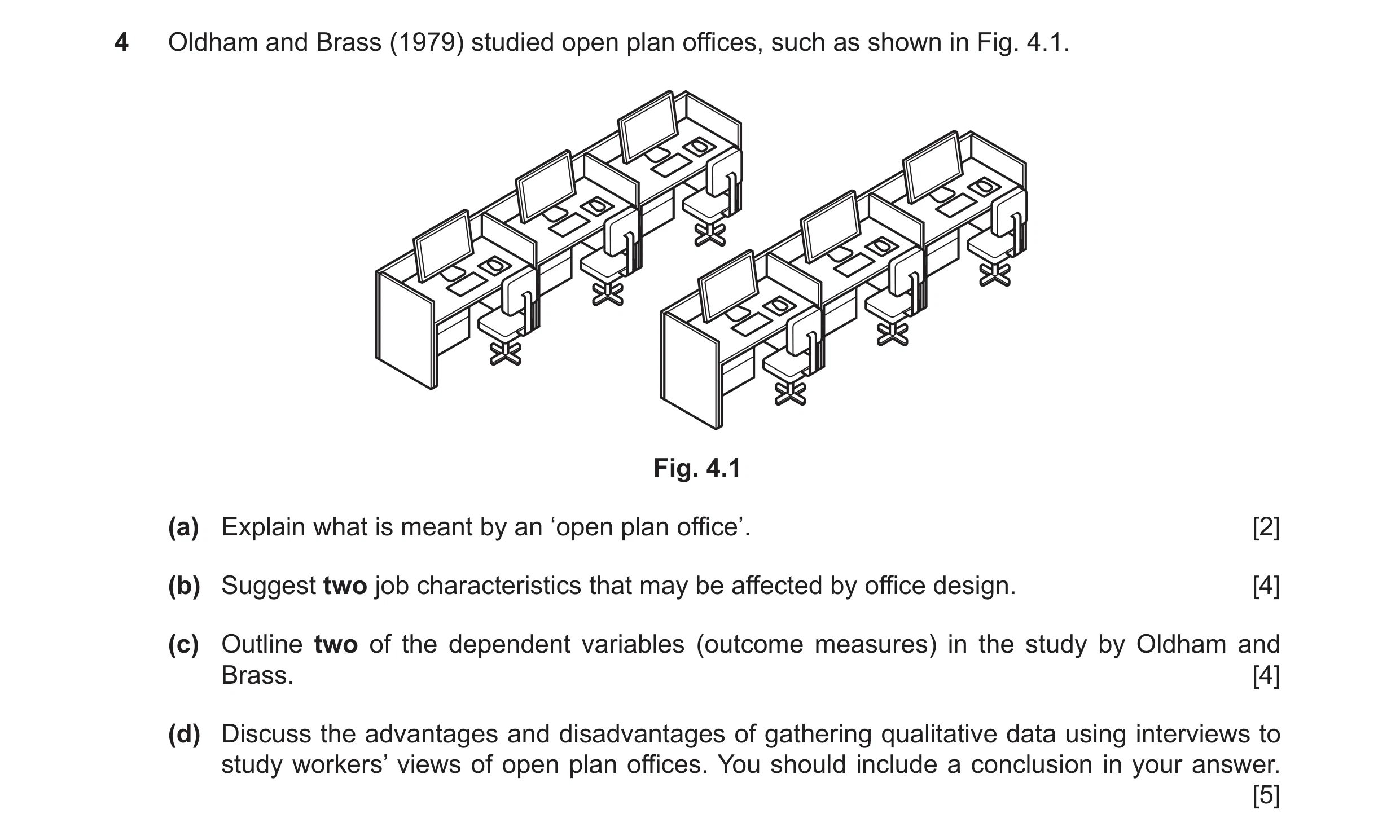 Question 12: Oldham and Brass (1979) studied open plan offices, such as shown in Fig. 4.1. Fig. 4.1 (a) Explain what is meant by an ‘open plan office’. …