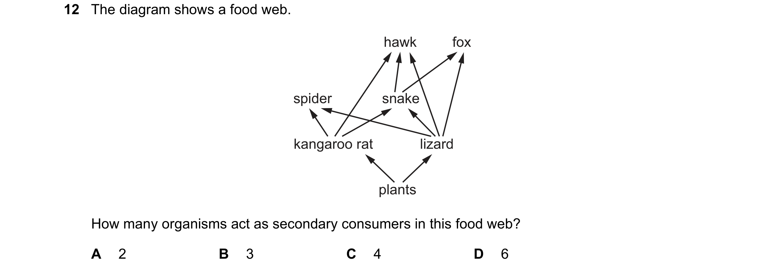 Question 12: The diagram shows a food web. hawk fox spider snake kangaroo rat lizard plants How many organisms act as secondary consumers in this food w…