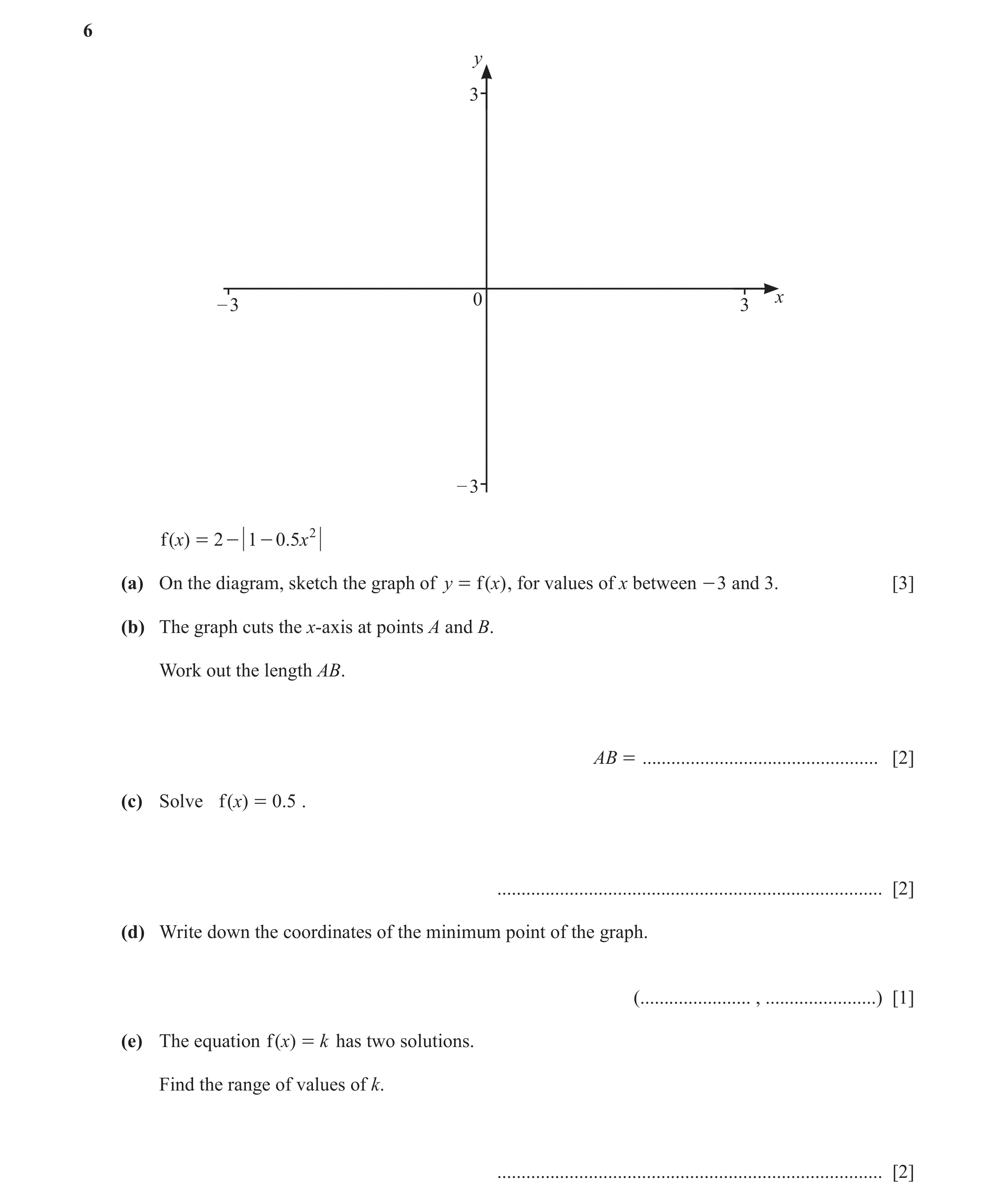 Question 81: y 3 – 3 0 3 x – 3 f( x) = 2 - 1 - 0 .5 x 2 (a) On the diagram, sketch the graph of y = f( x) , for values of x between - 3 and 3. [3] (b) T…