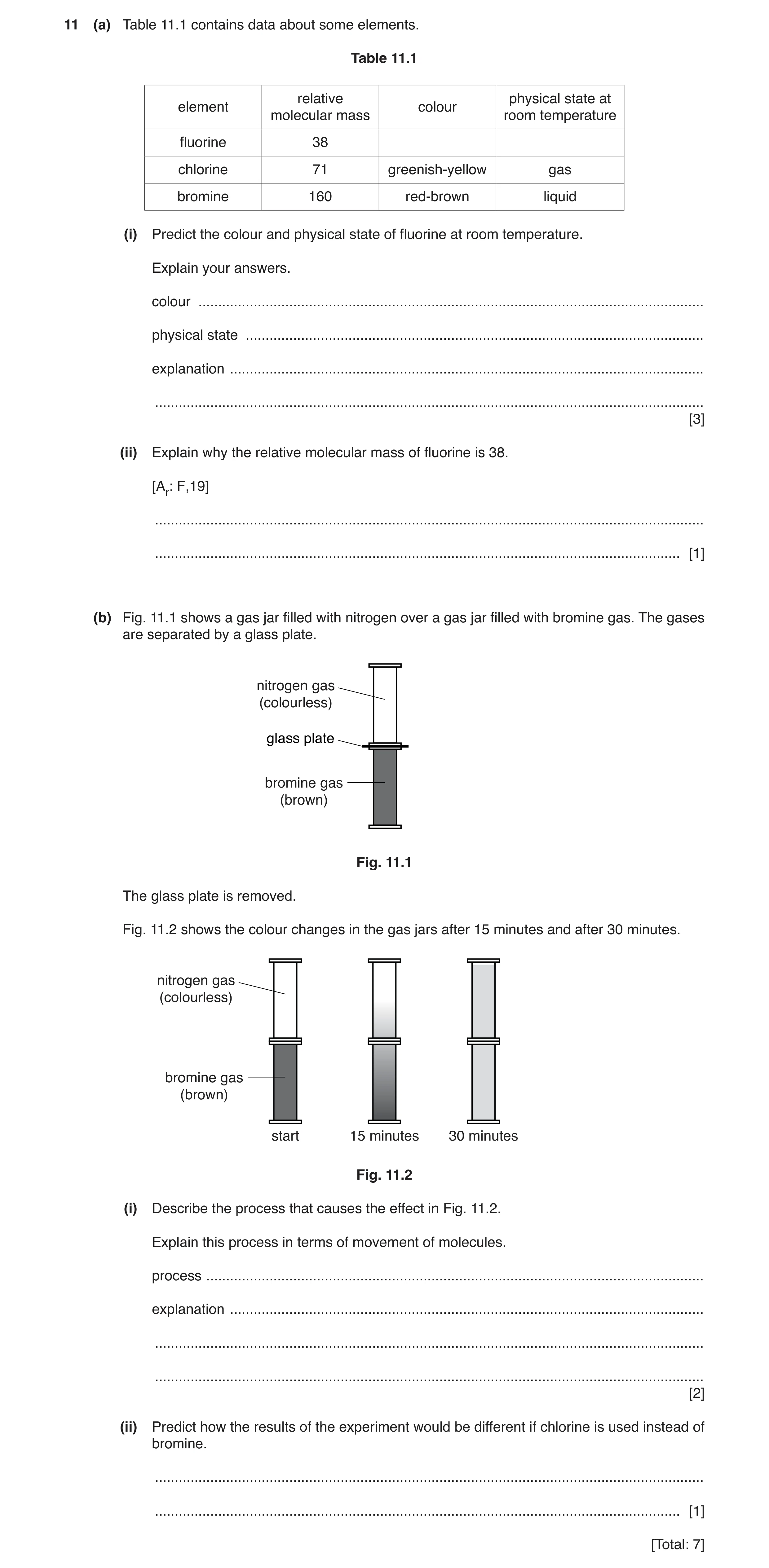 Question 5: (a) Table 11.1 contains data about some elements. Table 11.1 relative physical state at element colour molecular mass room temperature fluo…