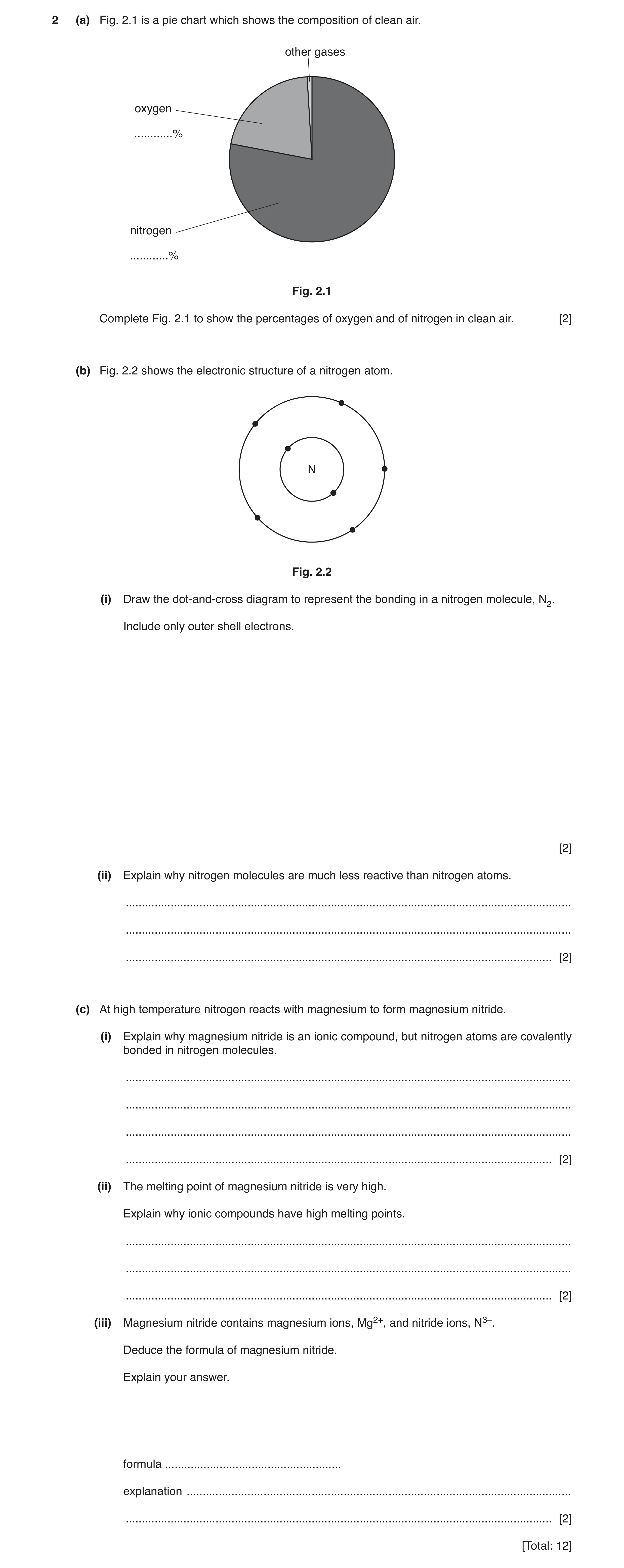 Question 7: (a) Fig. 2.1 is a pie chart which shows the composition of clean air. other gases oxygen ............% nitrogen ............% Fig. 2.1 Comp…