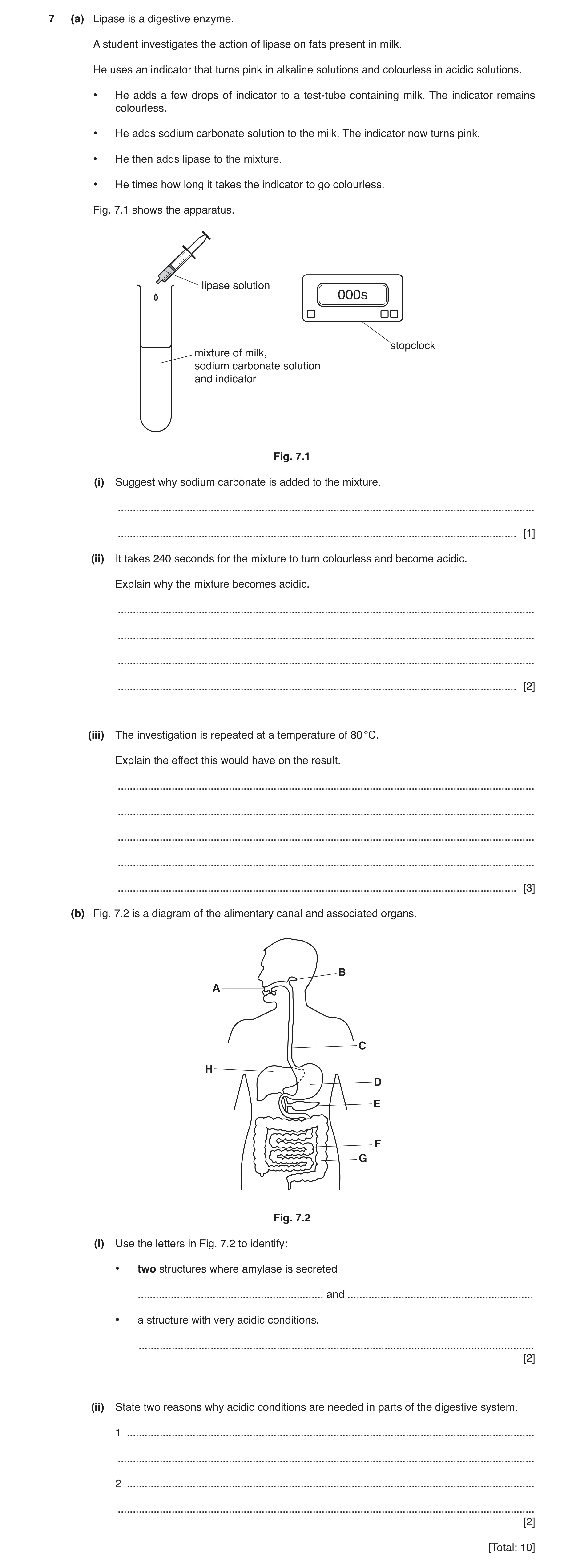 Question 6: (a) Lipase is a digestive enzyme. A student investigates the action of lipase on fats present in milk. He uses an indicator that turns pink…