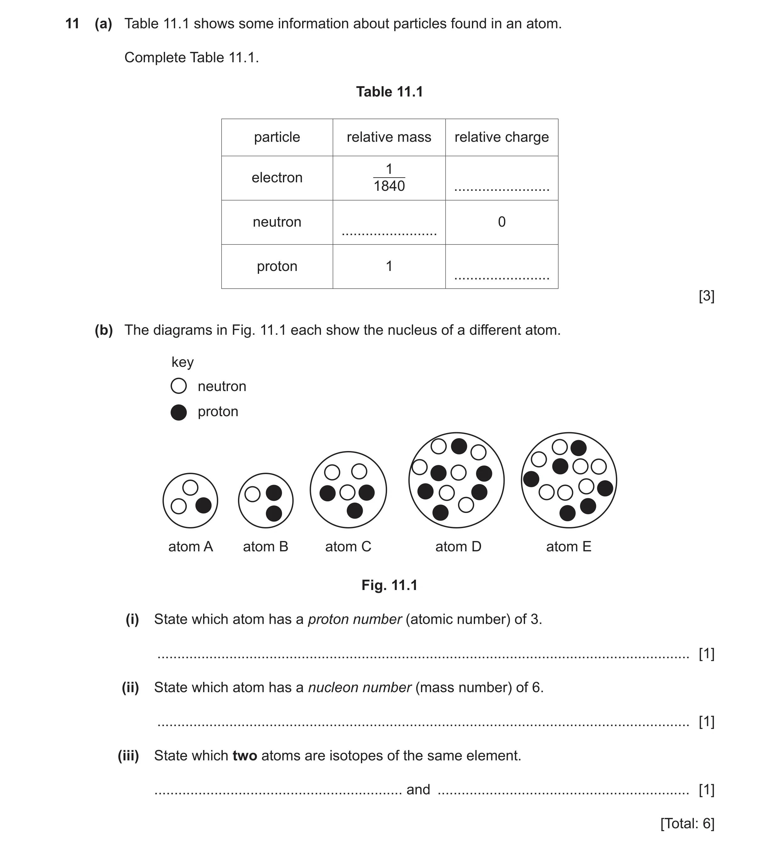 Question 12: (a) Table 11.1 shows some information about particles found in an atom. Complete Table 11.1. Table 11.1 particle relative mass relative cha…
