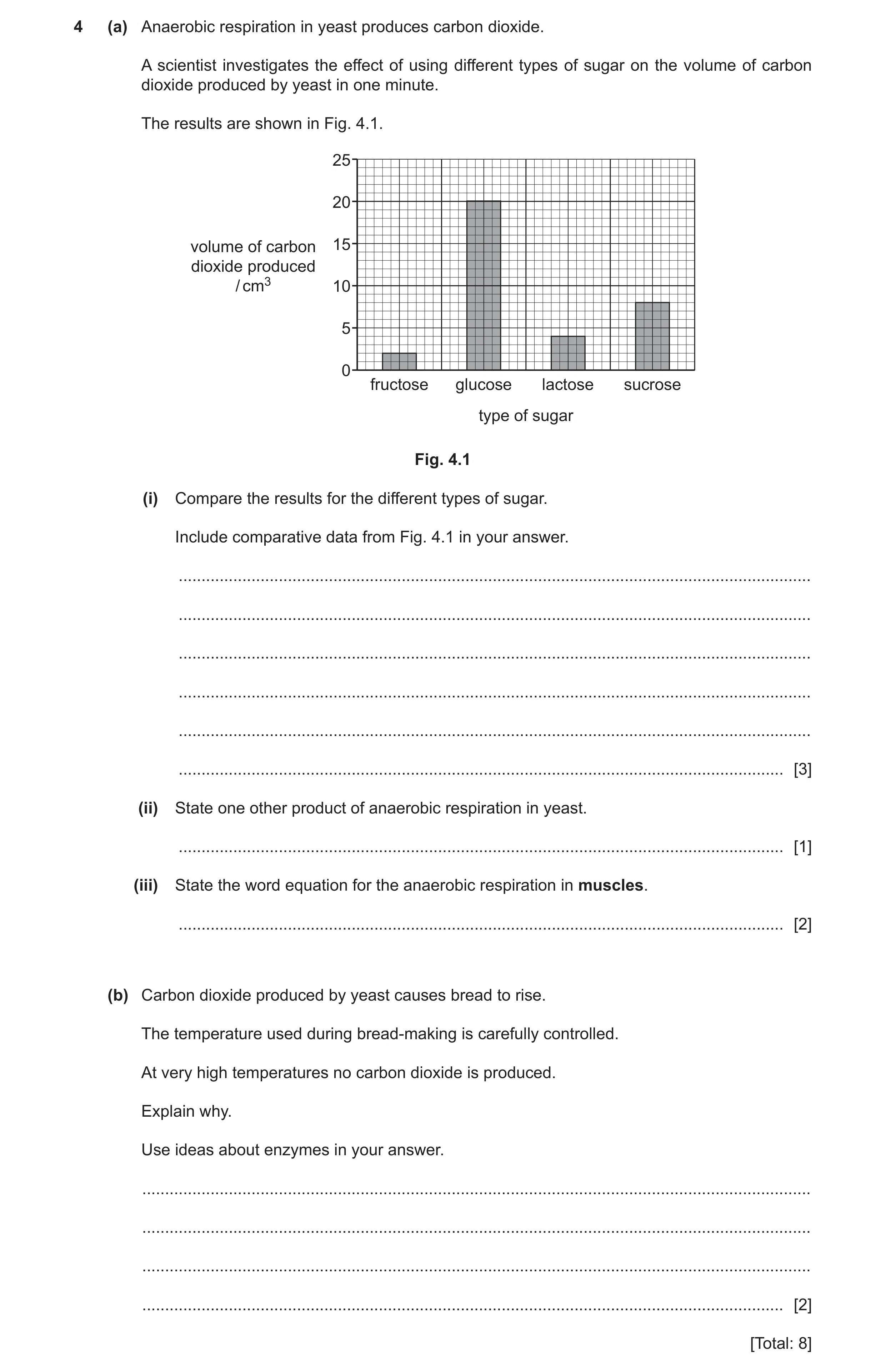 Question 14: (a) Anaerobic respiration in yeast produces carbon dioxide. A scientist investigates the effect of using different types of sugar on the vo…