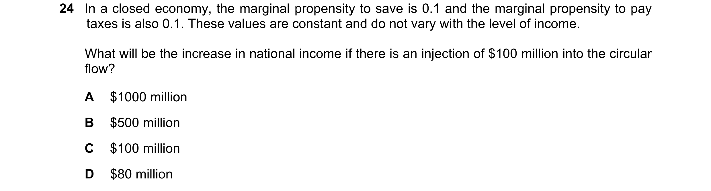 Question 100: In a closed economy, the marginal propensity to save is 0.1 and the marginal propensity to pay taxes is also 0.1. These values are constant…