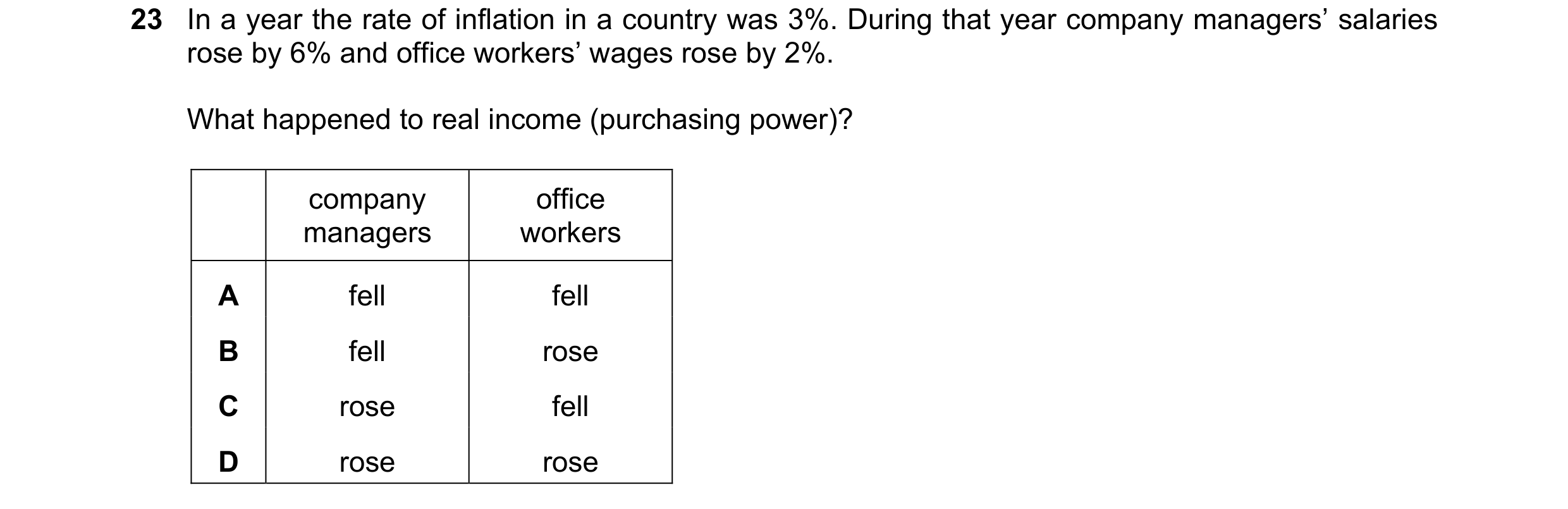 Question 84: In a year the rate of inflation in a country was 3%. During that year company managers’ salaries rose by 6% and office workers’ wages rose …