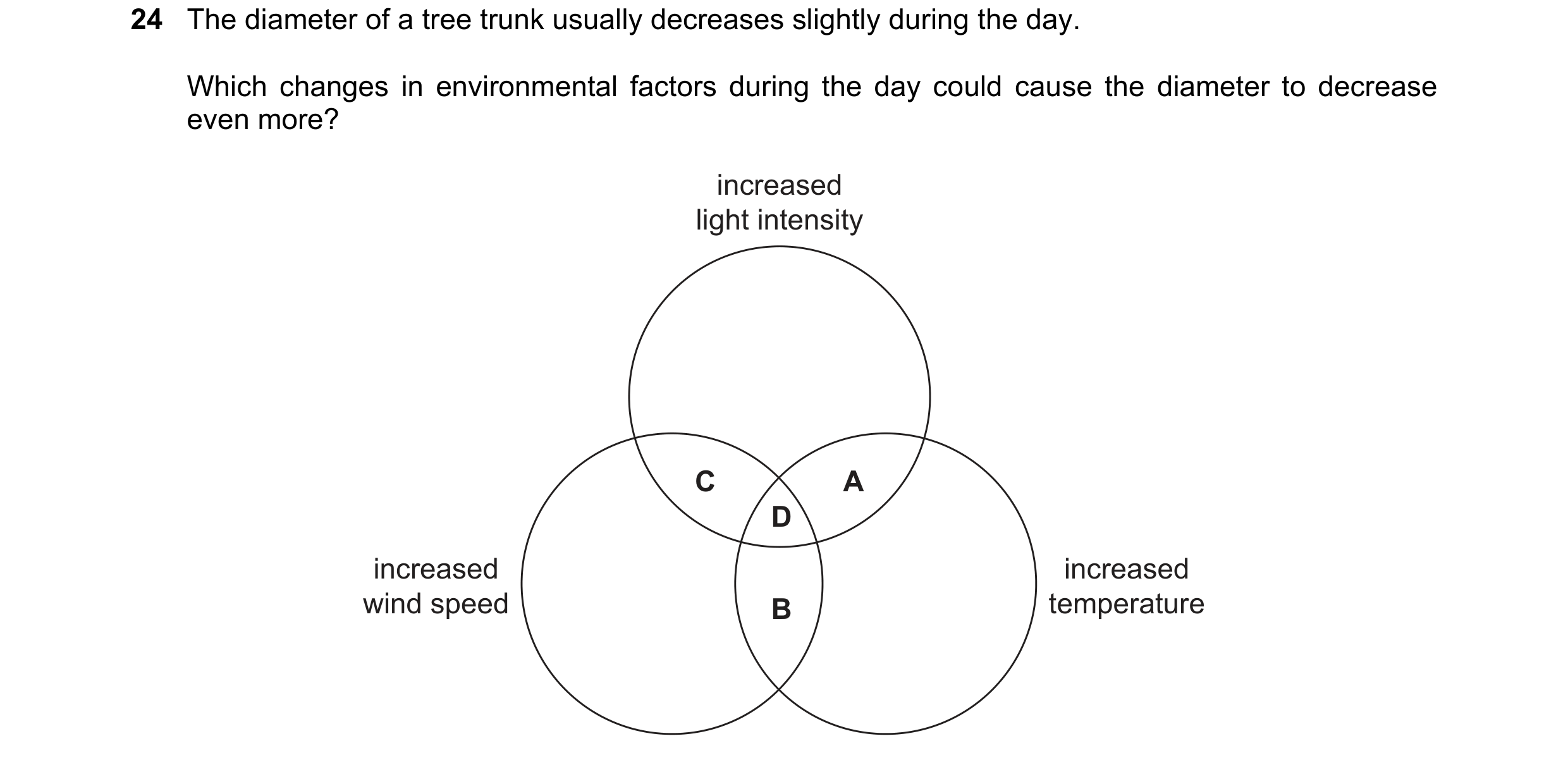 Question 238: The diameter of a tree trunk usually decreases slightly during the day. Which changes in environmental factors during the day could cause t…
