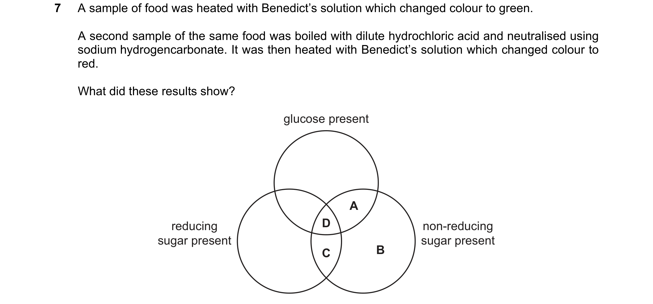 Question 70: A sample of food was heated with Benedict’s solution which changed colour to green. A second sample of the same food was boiled with dilute…