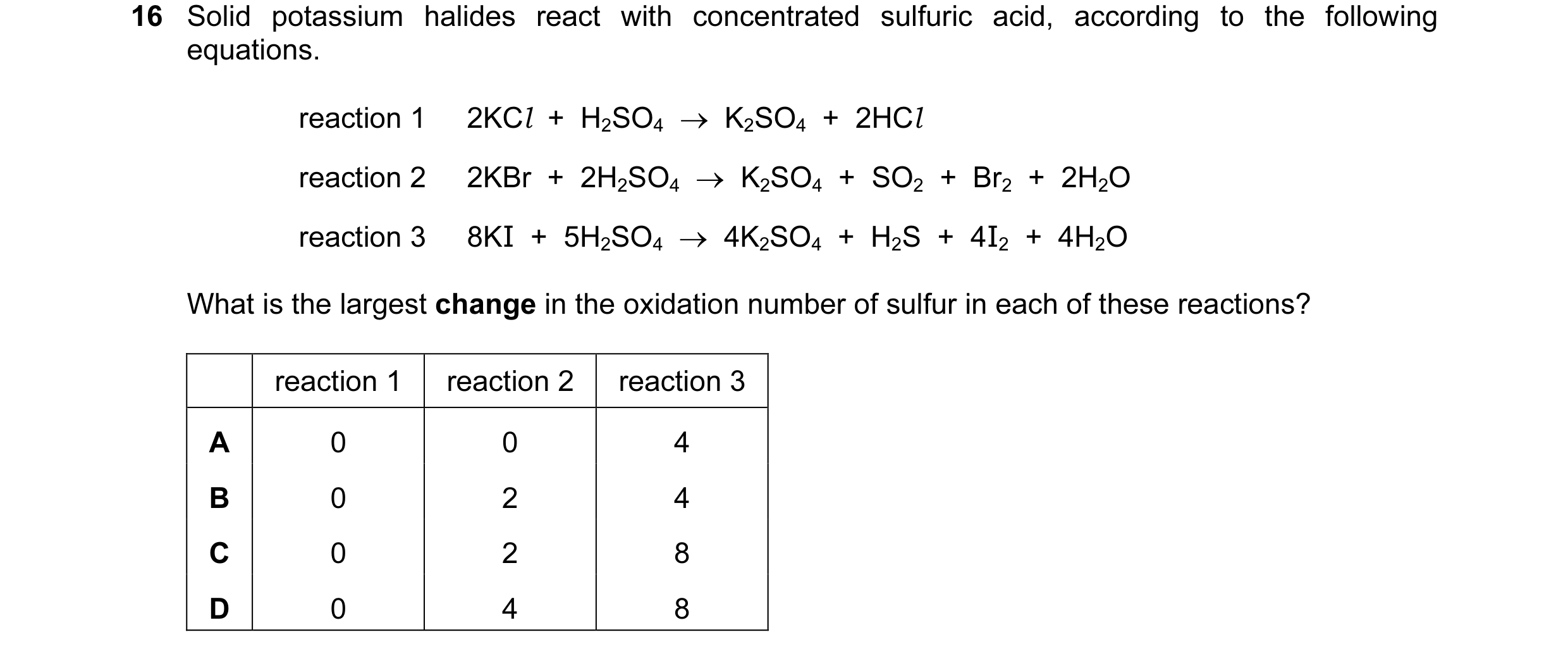 Question 112: Solid potassium halides react with concentrated sulfuric acid, according to the following equations. reaction 1 2KCl  +  H2SO4  →  K2SO4  +…