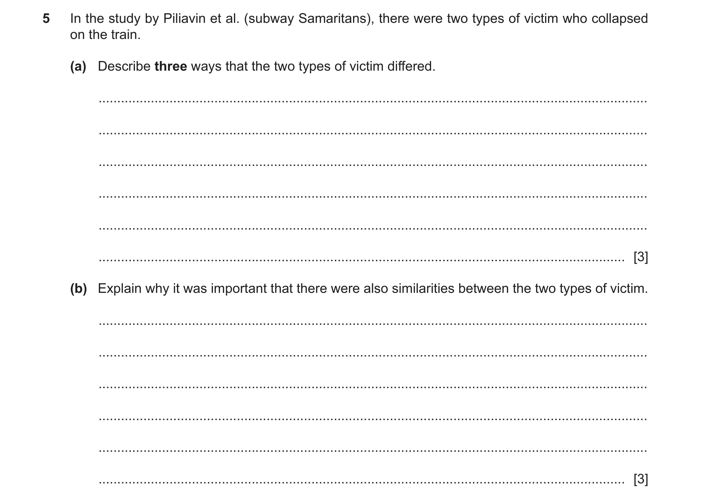 Question 493: In the study by Piliavin et al. (subway Samaritans), there were two types of victim who collapsed on the train. (a) Describe three ways tha…