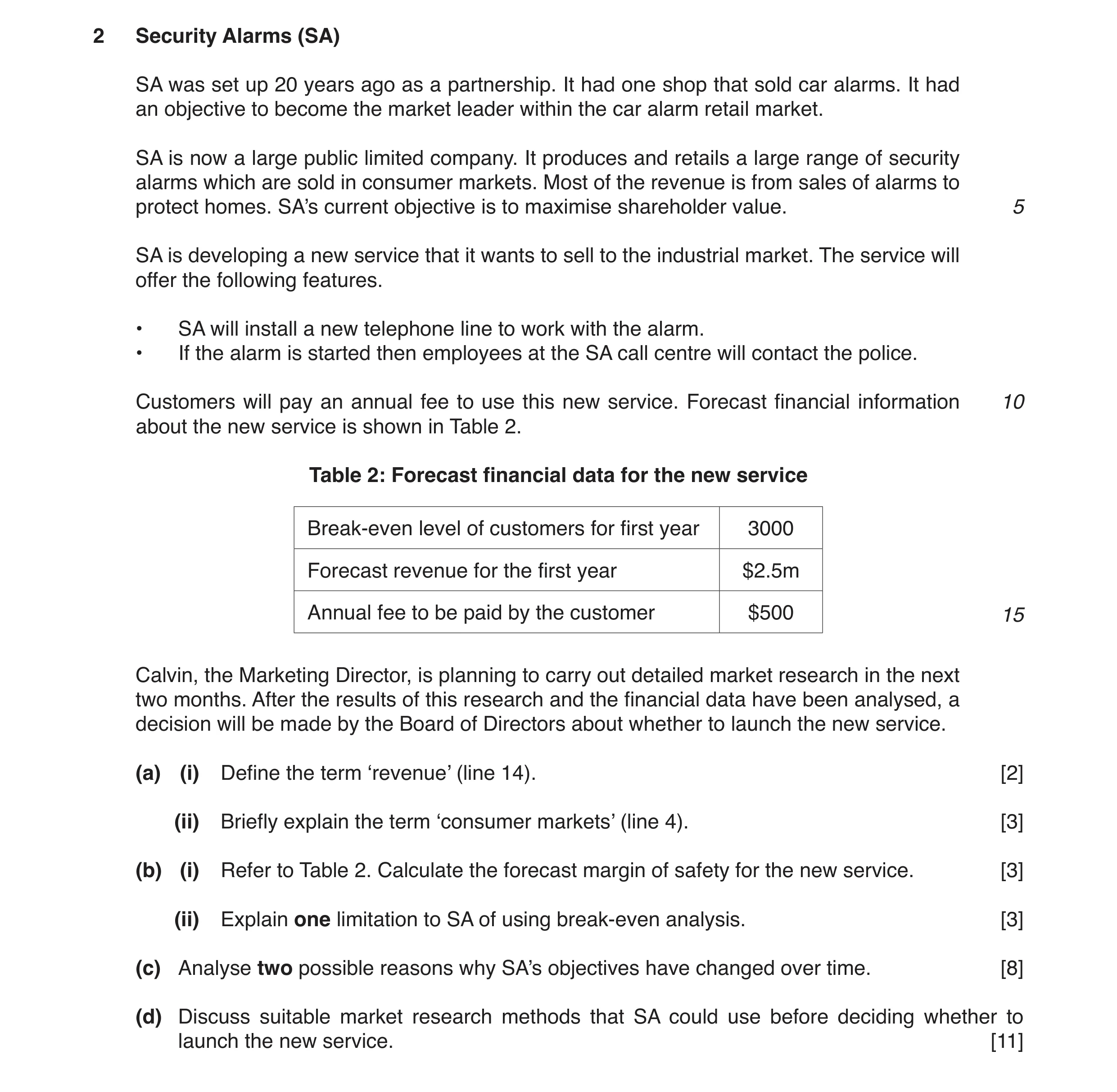 Question 2: Security Alarms (SA) SA was set up 20 years ago as a partnership. It had one shop that sold car alarms. It had an objective to become the m…