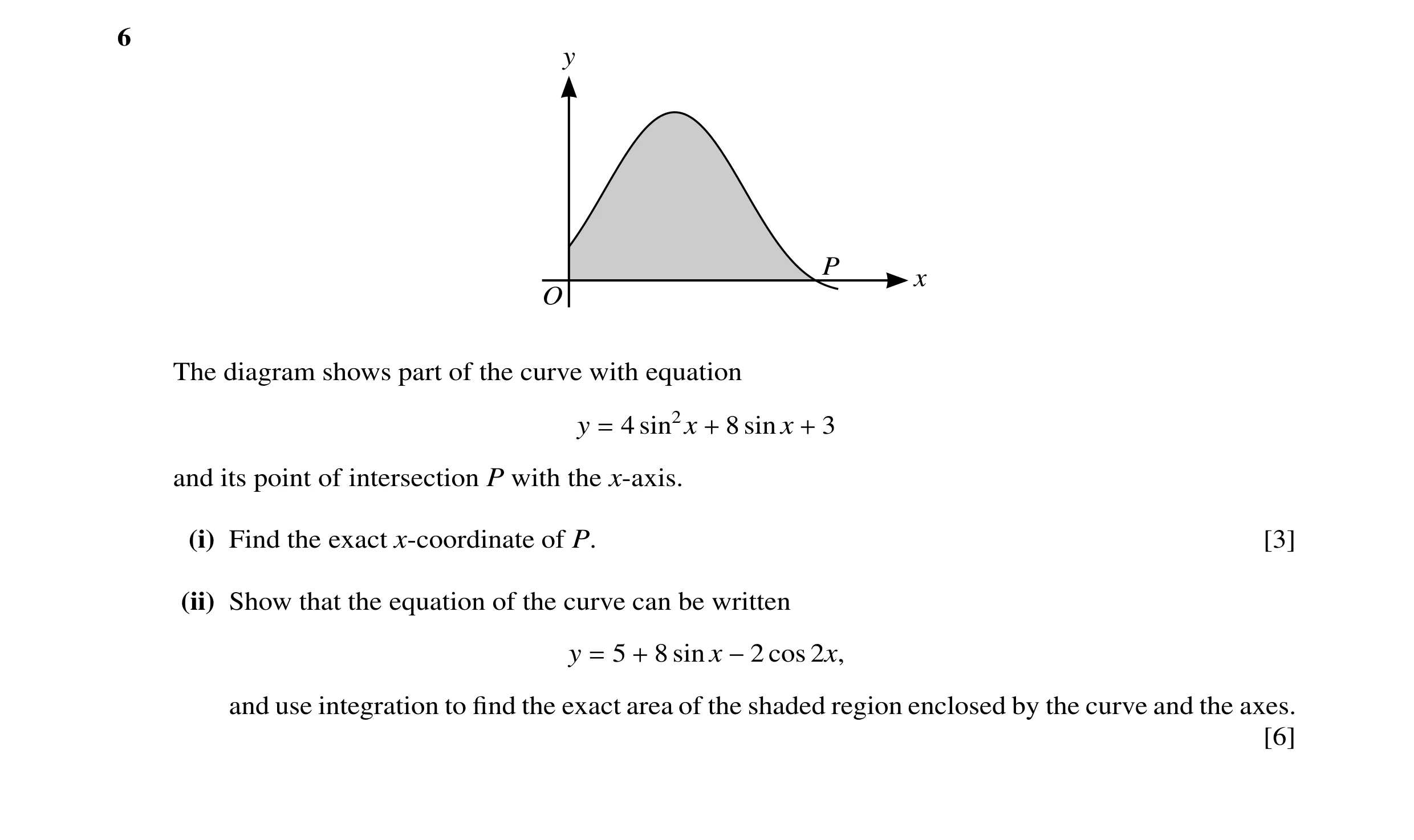 Question 49: y P x O The diagram shows part of the curve with equation y = 4 sin2x + 8 sin x + 3 and its point of intersection P with the x-axis. (i) Fi…