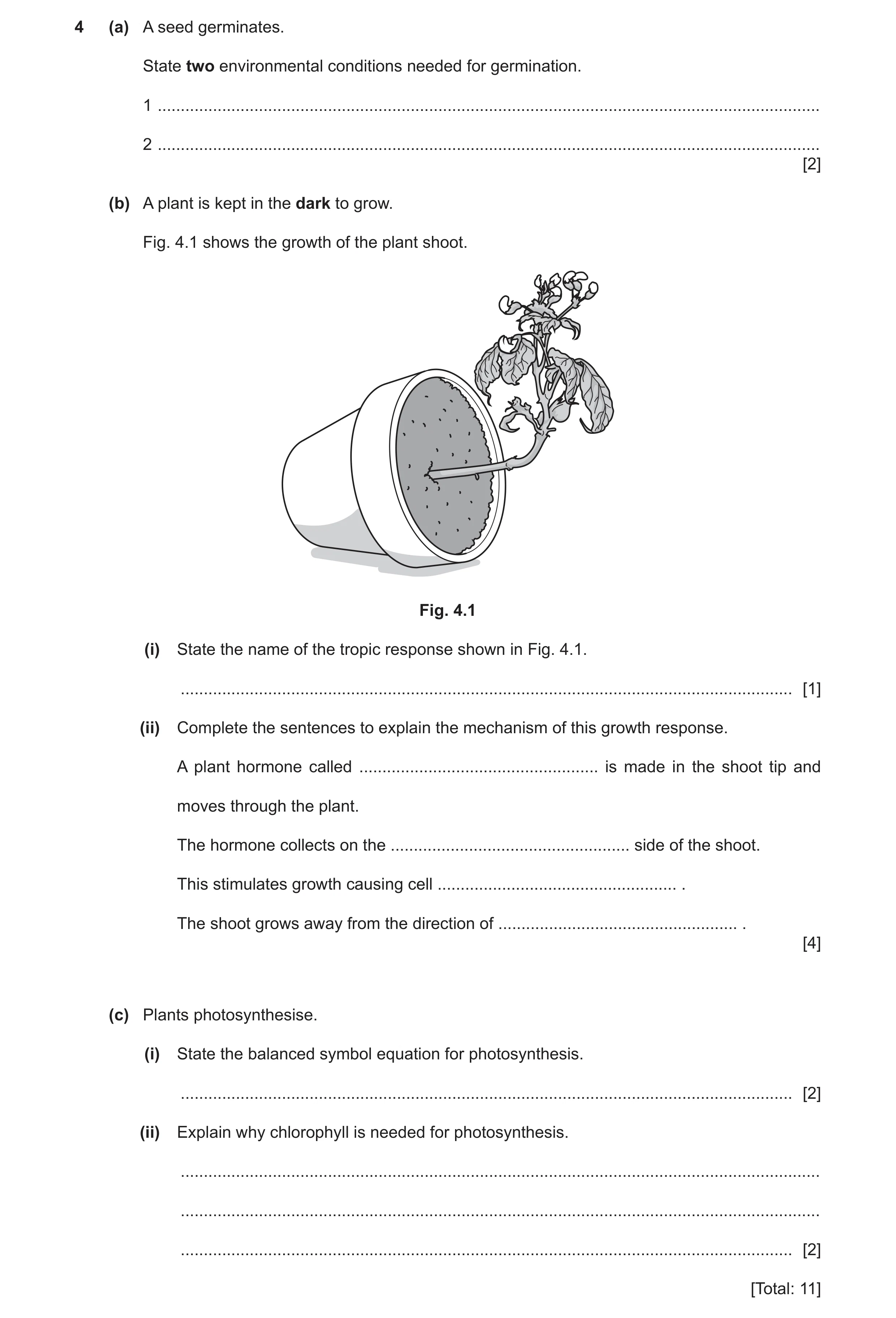 Question 18: (a) A seed germinates. State two environmental conditions needed for germination. 1 .......................................................…