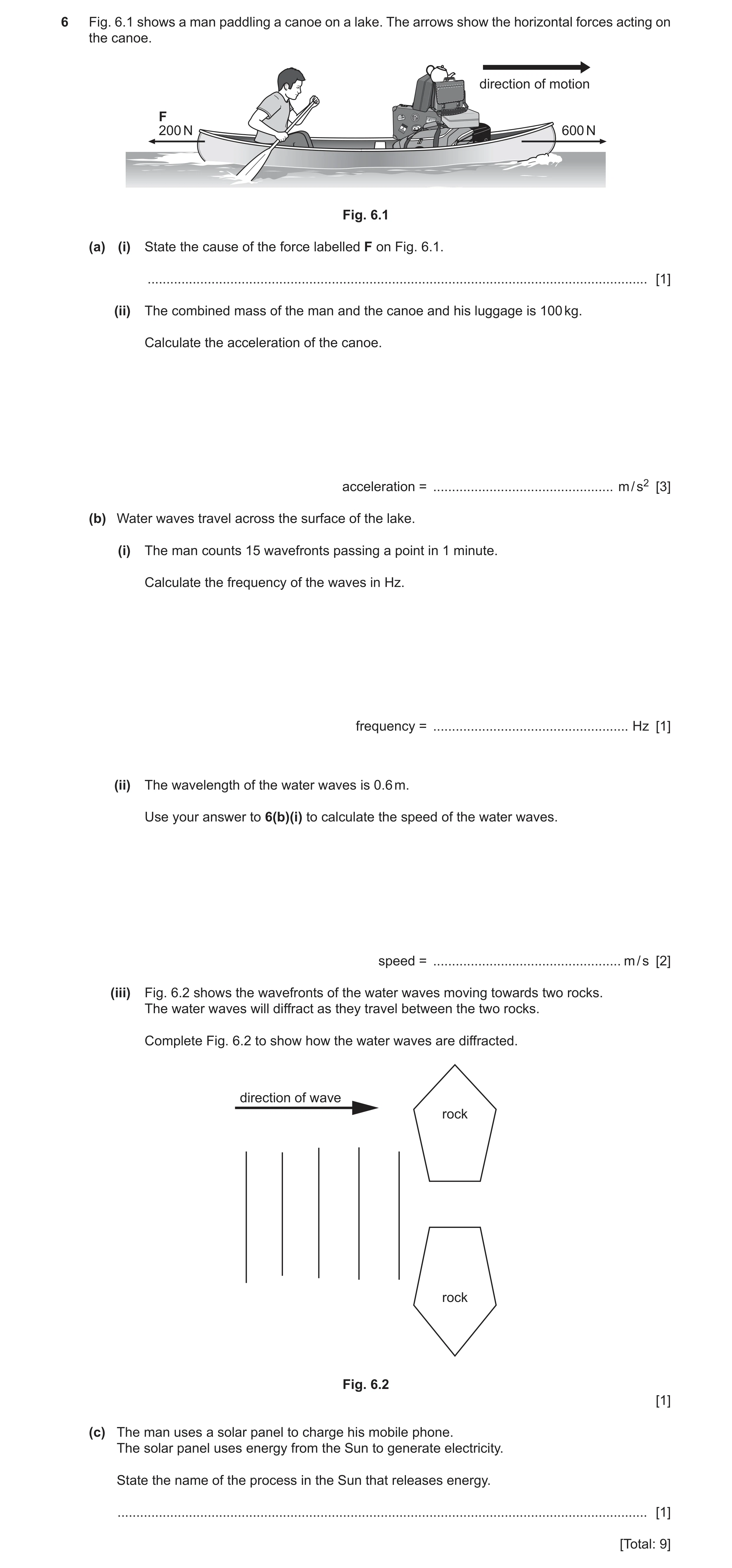 Question 15: Fig. 6.1 shows a man paddling a canoe on a lake. The arrows show the horizontal forces acting on the canoe. direction of motion F 200 N 600…