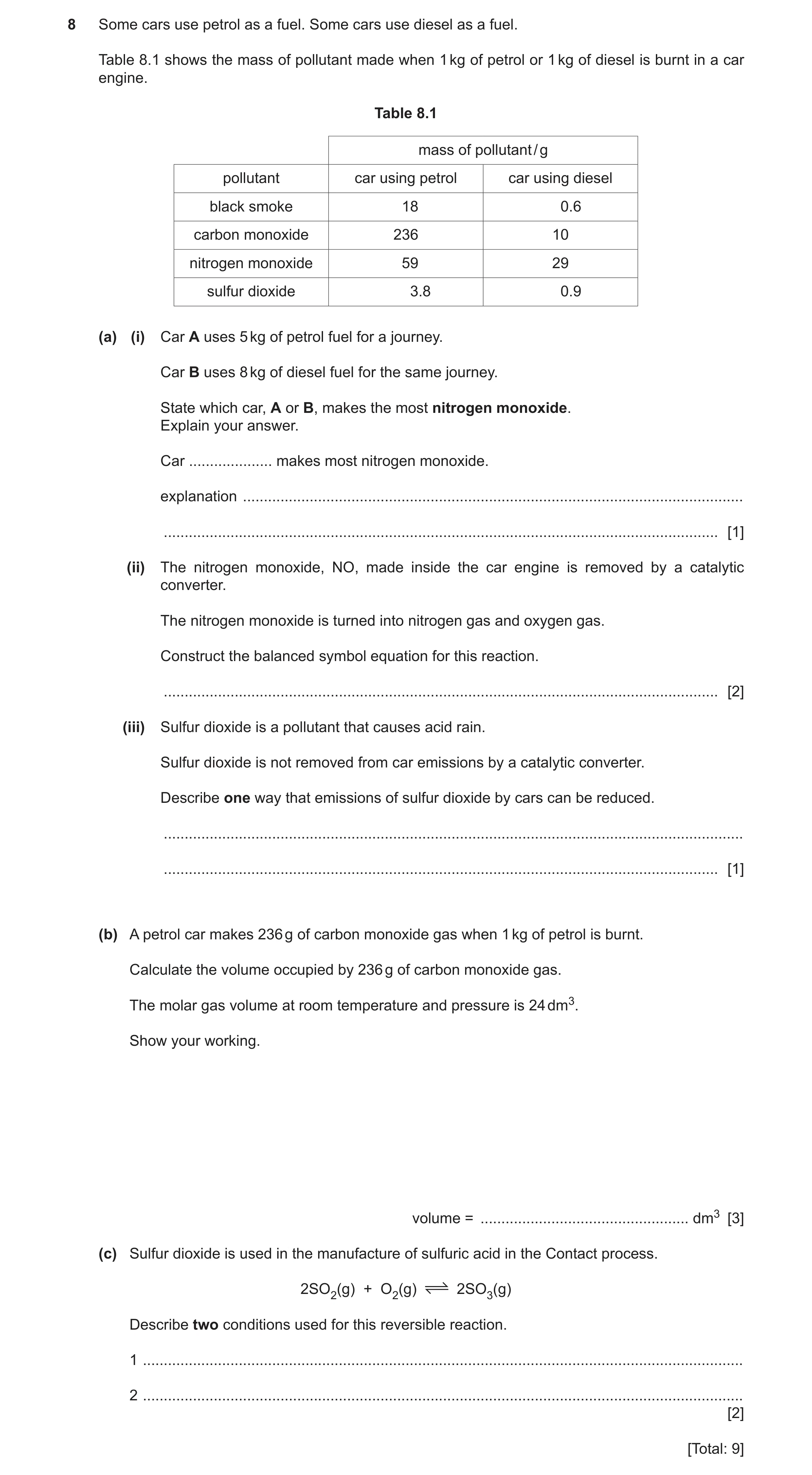Question 23: Some cars use petrol as a fuel. Some cars use diesel as a fuel. Table 8.1 shows the mass of pollutant made when 1 kg of petrol or 1 kg of d…