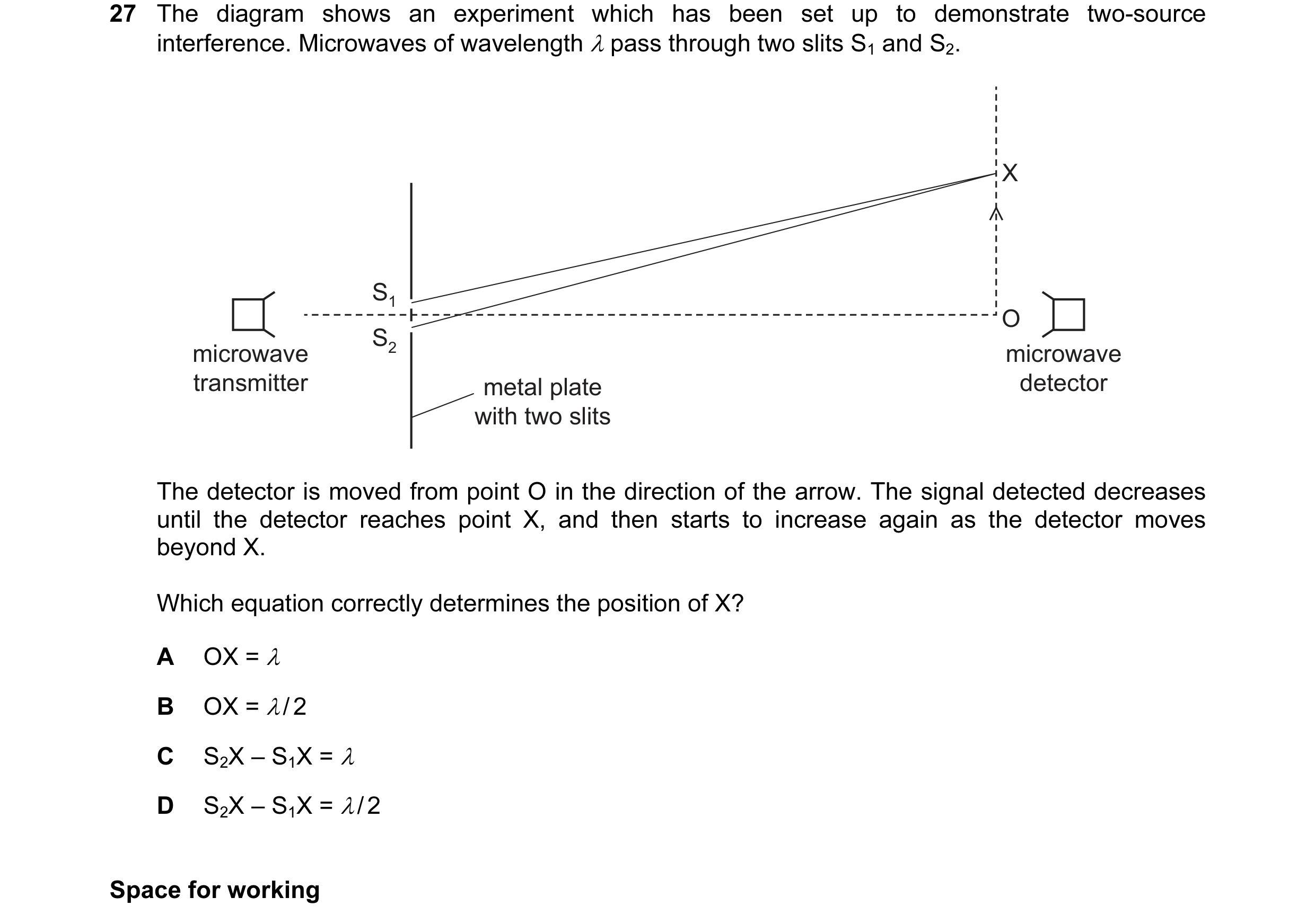 Question 29: The diagram shows an experiment which has been set up to demonstrate two-source interference. Microwaves of wavelength λ pass through two s…
