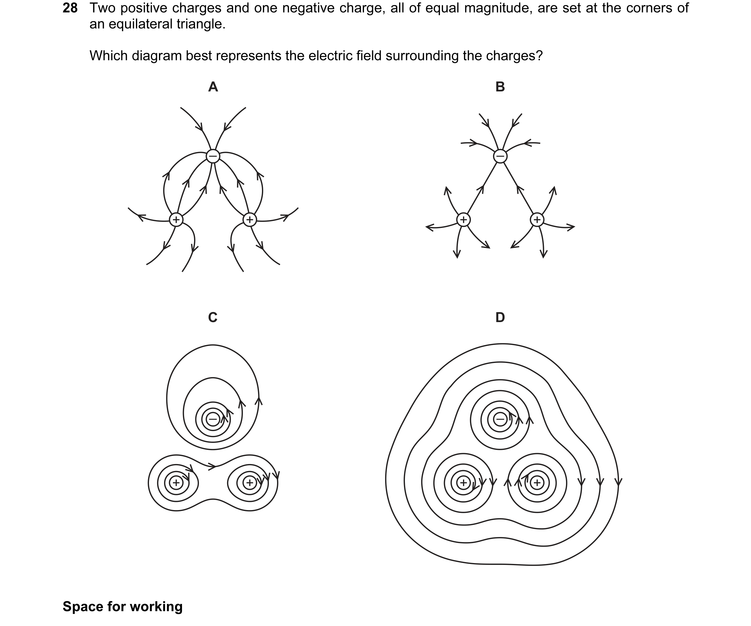 Question 15: Two positive charges and one negative charge, all of equal magnitude, are set at the corners of an equilateral triangle. Which diagram best…