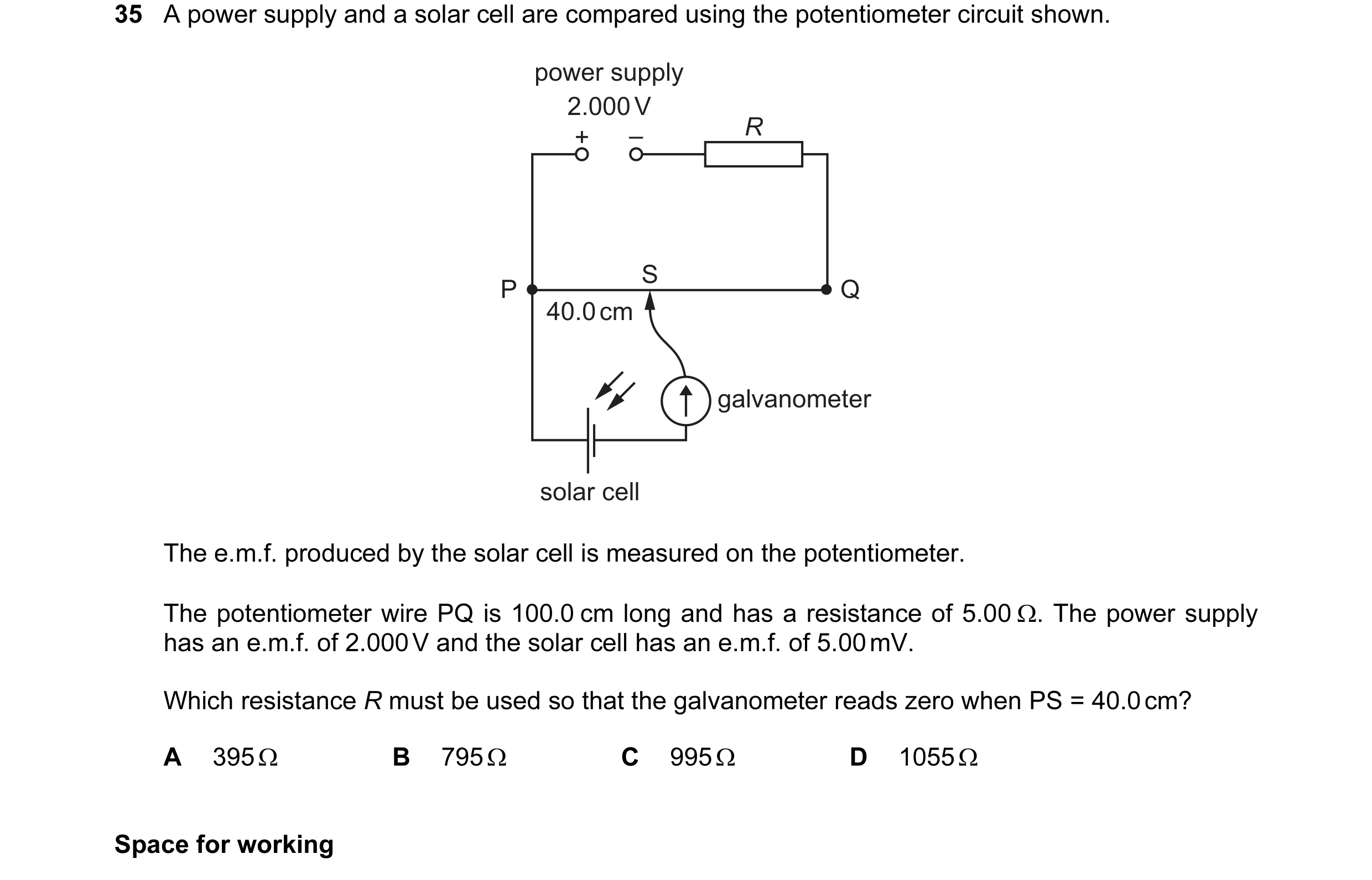 Question 72: A power supply and a solar cell are compared using the potentiometer circuit shown. power supply 2.000 V + – R S P Q 40.0 cm galvanometer s…