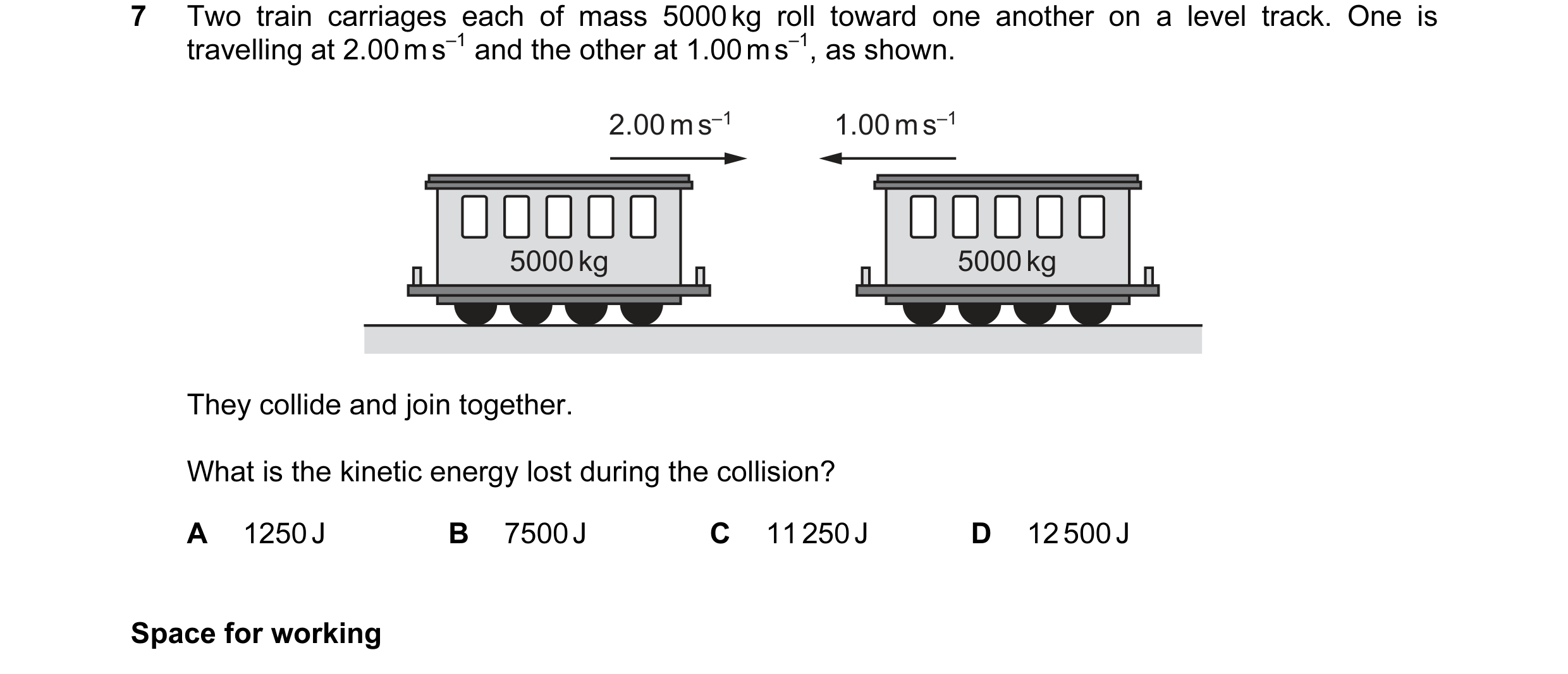 Question 67: Two train carriages each of mass 5000 kg roll toward one another on a level track. One is travelling at 2.00 m s–1 and the other at 1.00 m …