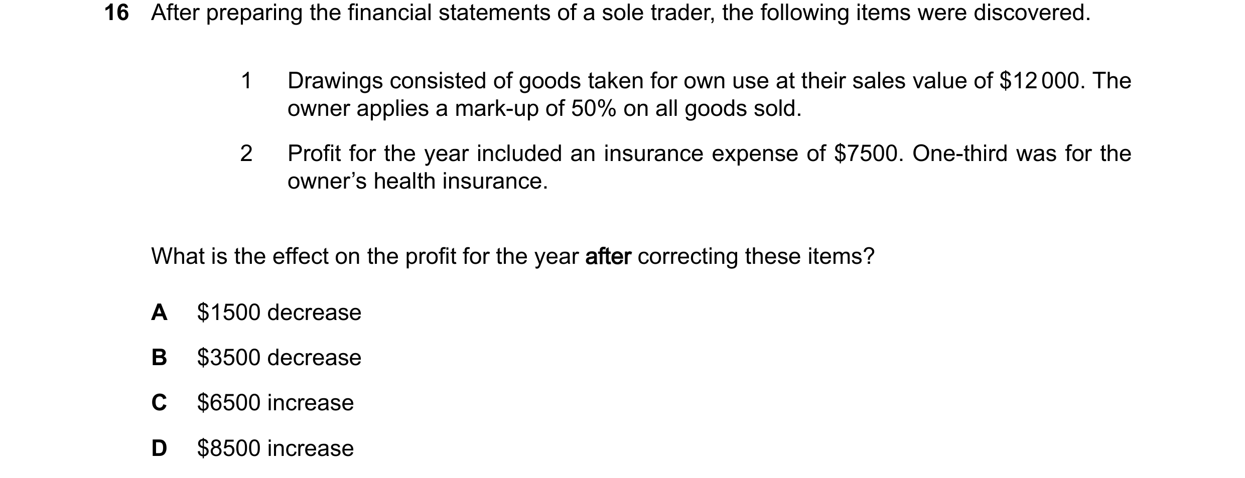 Question 836: After preparing the financial statements of a sole trader, the following items were discovered. 1 Drawings consisted of goods taken for own…