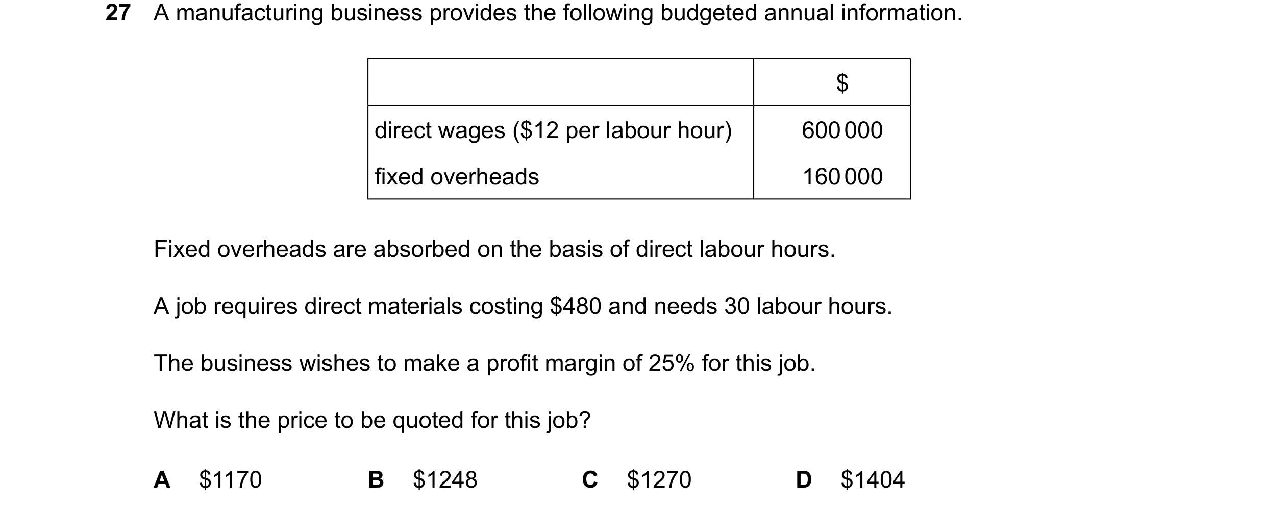 Question 538: A manufacturing business provides the following budgeted annual information. $ direct wages ($12 per labour hour) 600000 fixed overheads 16…