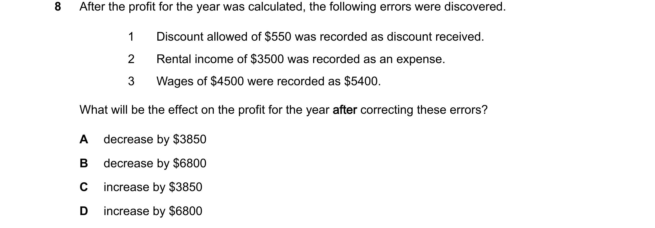 Question 405: After the profit for the year was calculated, the following errors were discovered. 1 Discount allowed of $550 was recorded as discount rec…
