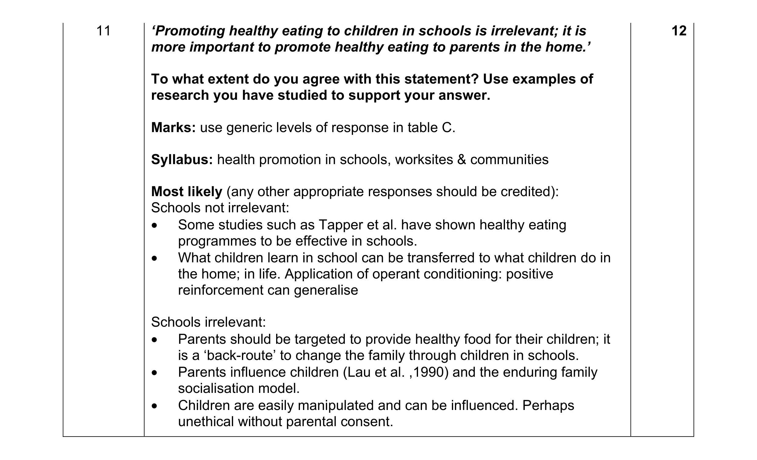Mark scheme for question 10
