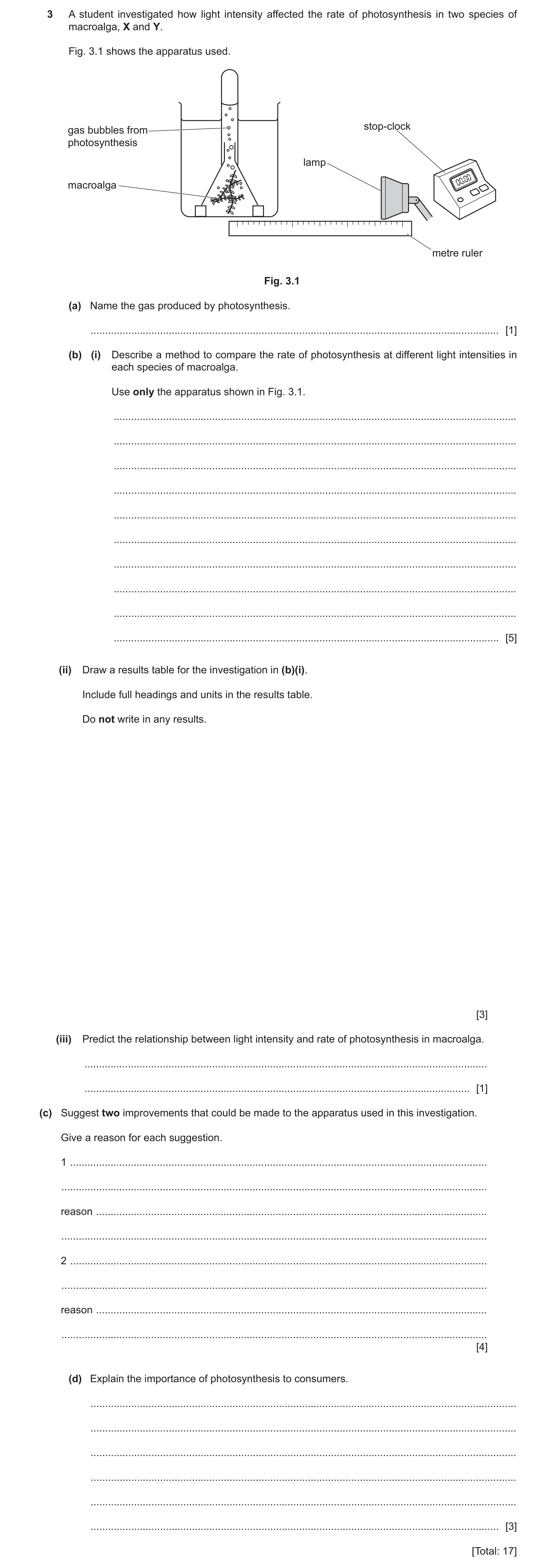 Question 46: A student investigated how light intensity affected the rate of photosynthesis in two species of macroalga, X and Y. Fig. 3.1 shows the app…