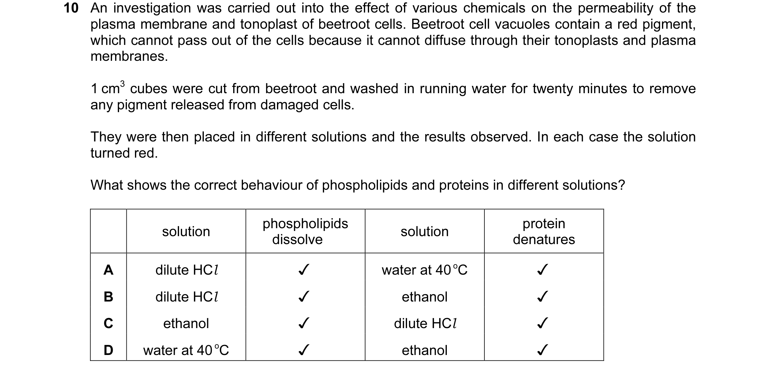 Question 4: An investigation was carried out into the effect of various chemicals on the permeability of the
plasma membrane and tonoplast of beetroot …