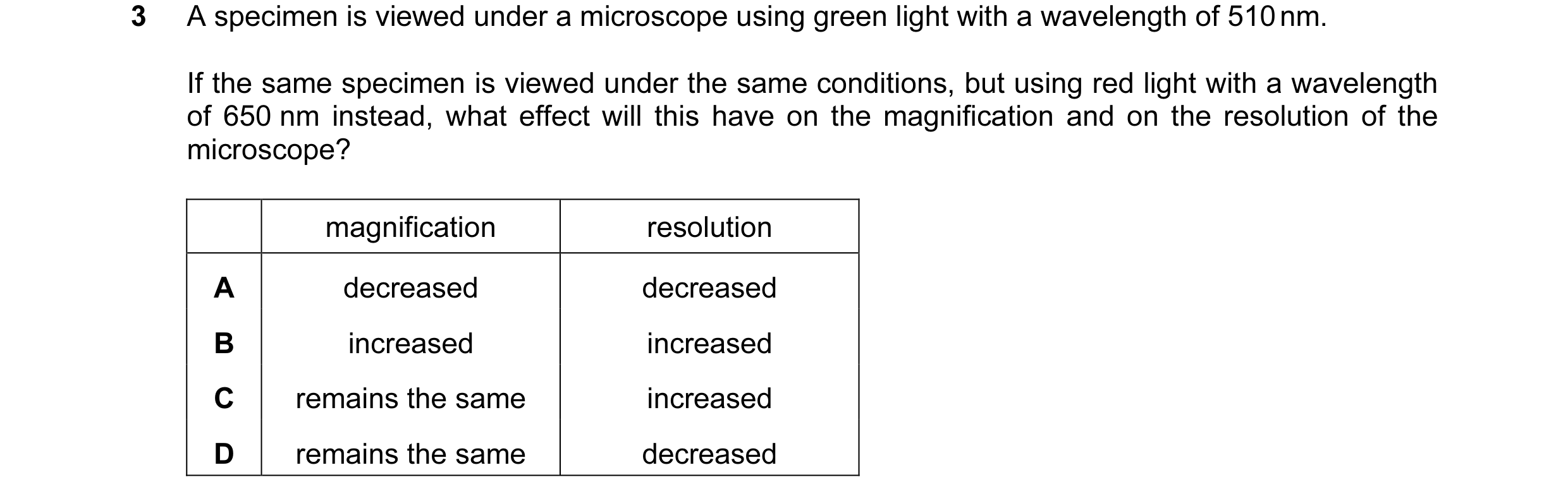 Question 9: A specimen is viewed under a microscope using green light with a wavelength of 510 nm. If the same specimen is viewed under the same condit…