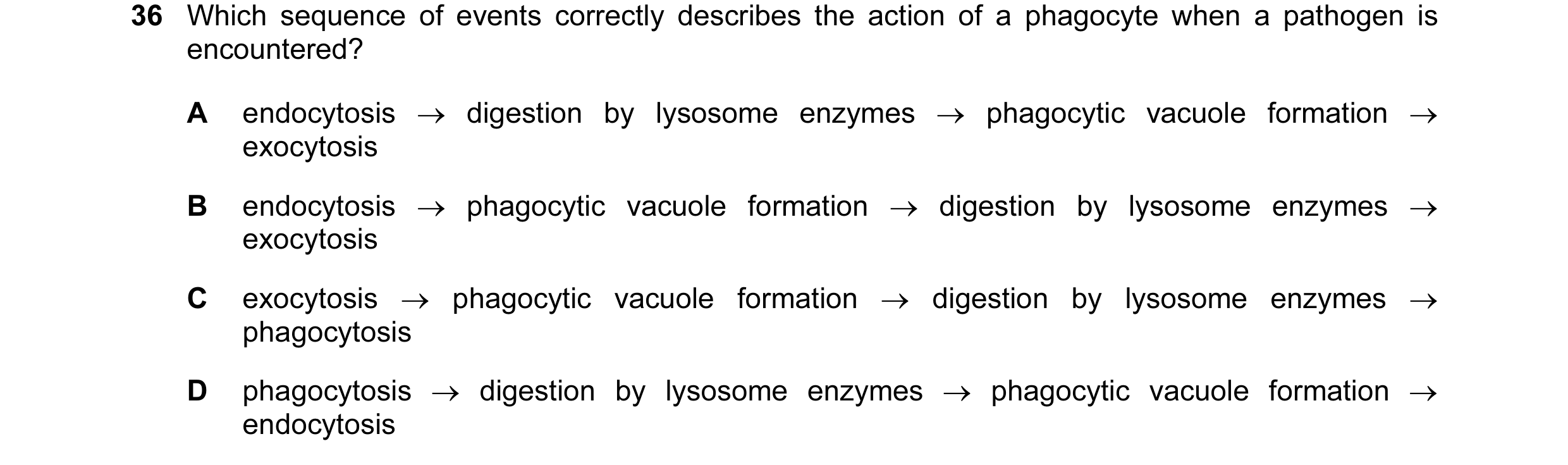Question 6: Which sequence of events correctly describes the action of a phagocyte when a pathogen is encountered? A endocytosis → digestion by lysosom…
