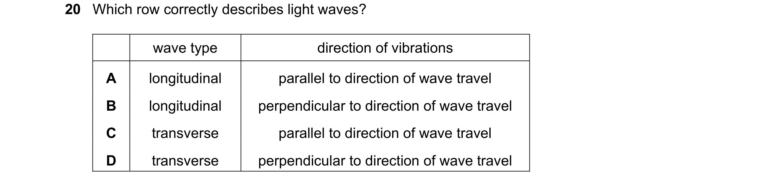 Question 192: Which row correctly describes light waves? wave type direction of vibrations A longitudinal parallel to direction of wave travel B longitud…