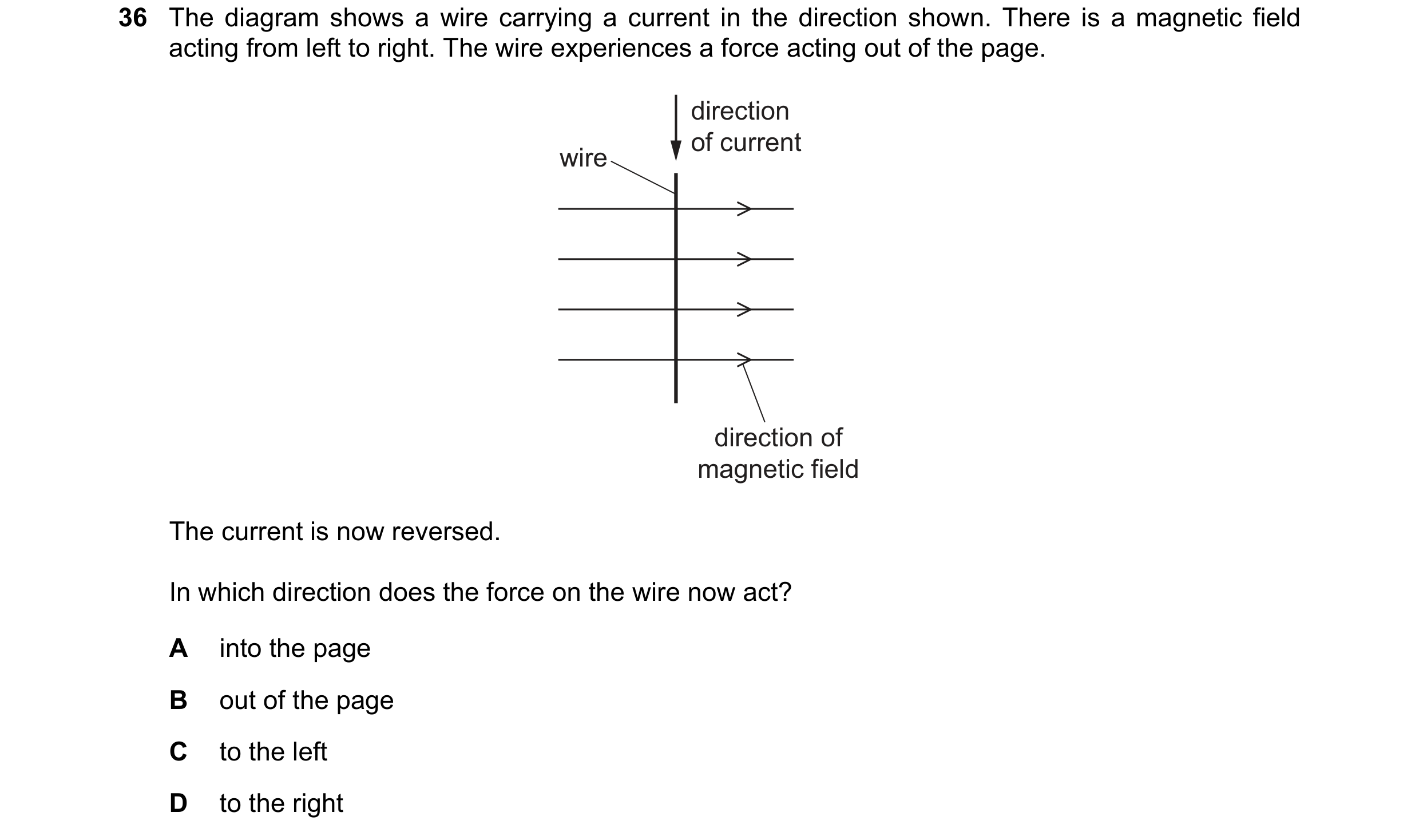 Question 217: The diagram shows a wire carrying a current in the direction shown. There is a magnetic field acting from left to right. The wire experienc…