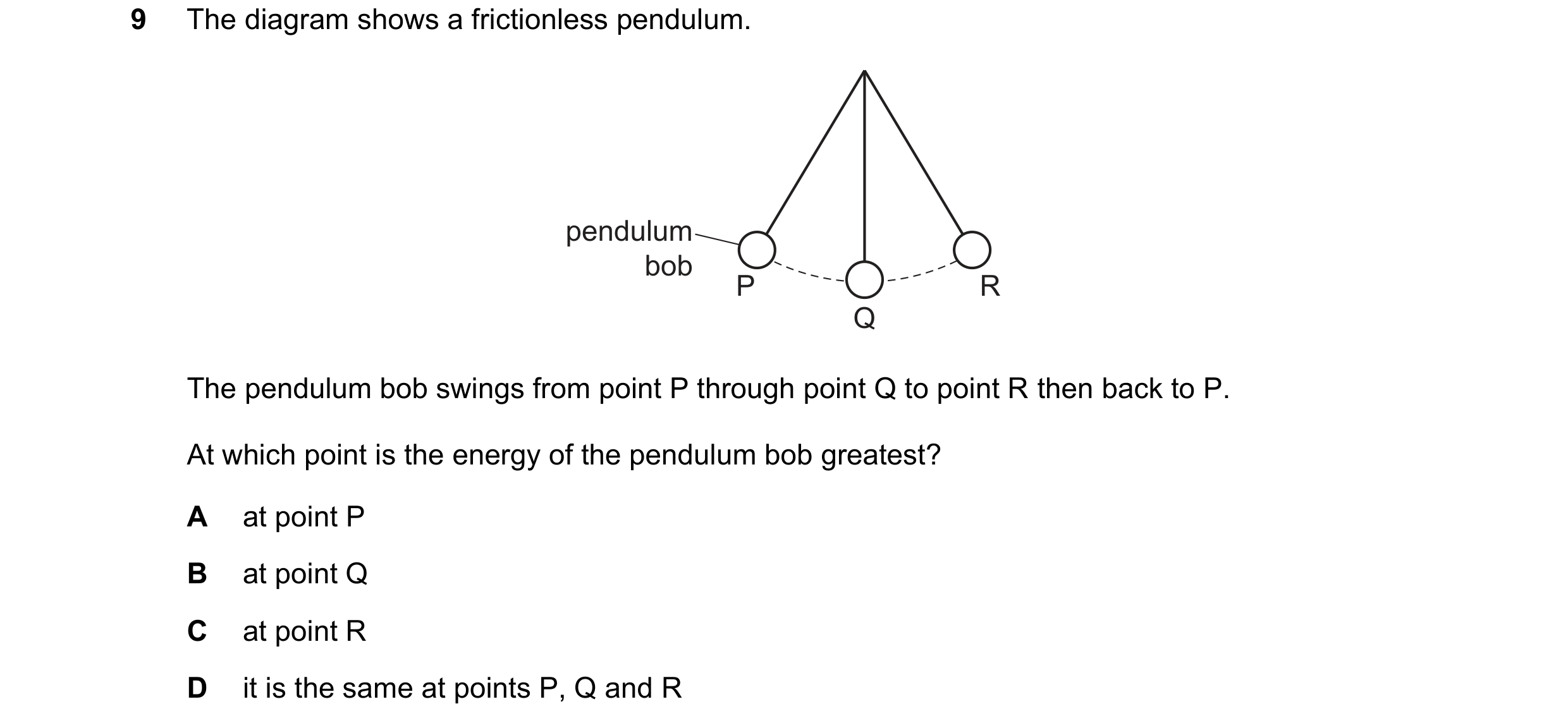 Question 188: The diagram shows a frictionless pendulum. pendulum bob P R Q The pendulum bob swings from point P through point Q to point R then back to …