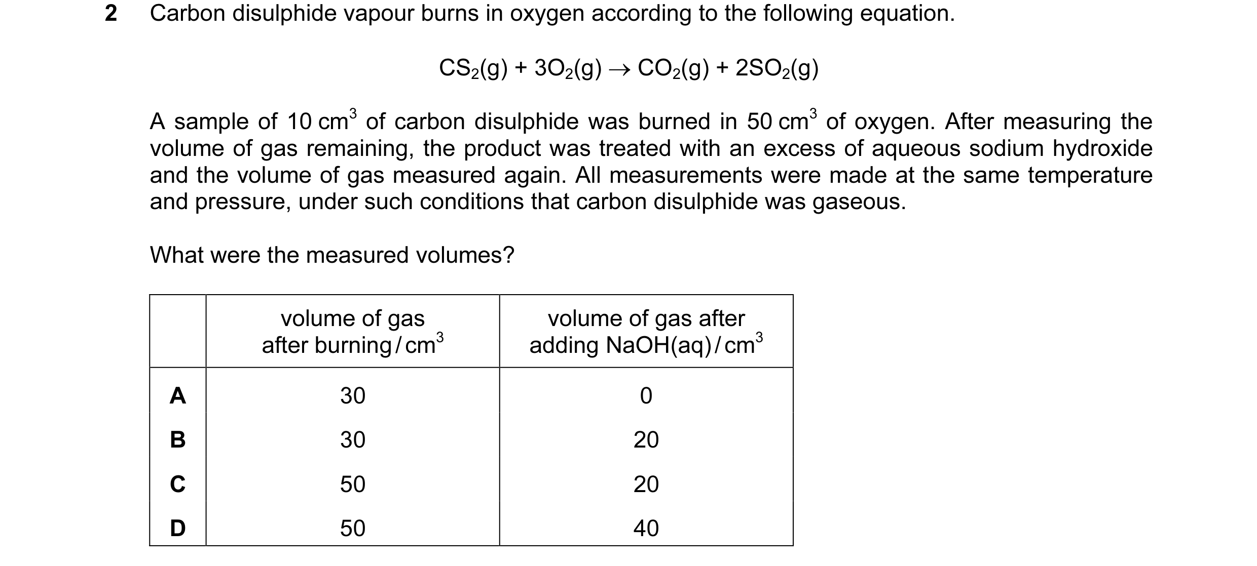 Question 17: Carbon disulphide vapour burns in oxygen according to the following equation. CS2(g) + 3O2(g) → CO2(g) + 2SO2(g) A sample of 10 cm3 of carb…