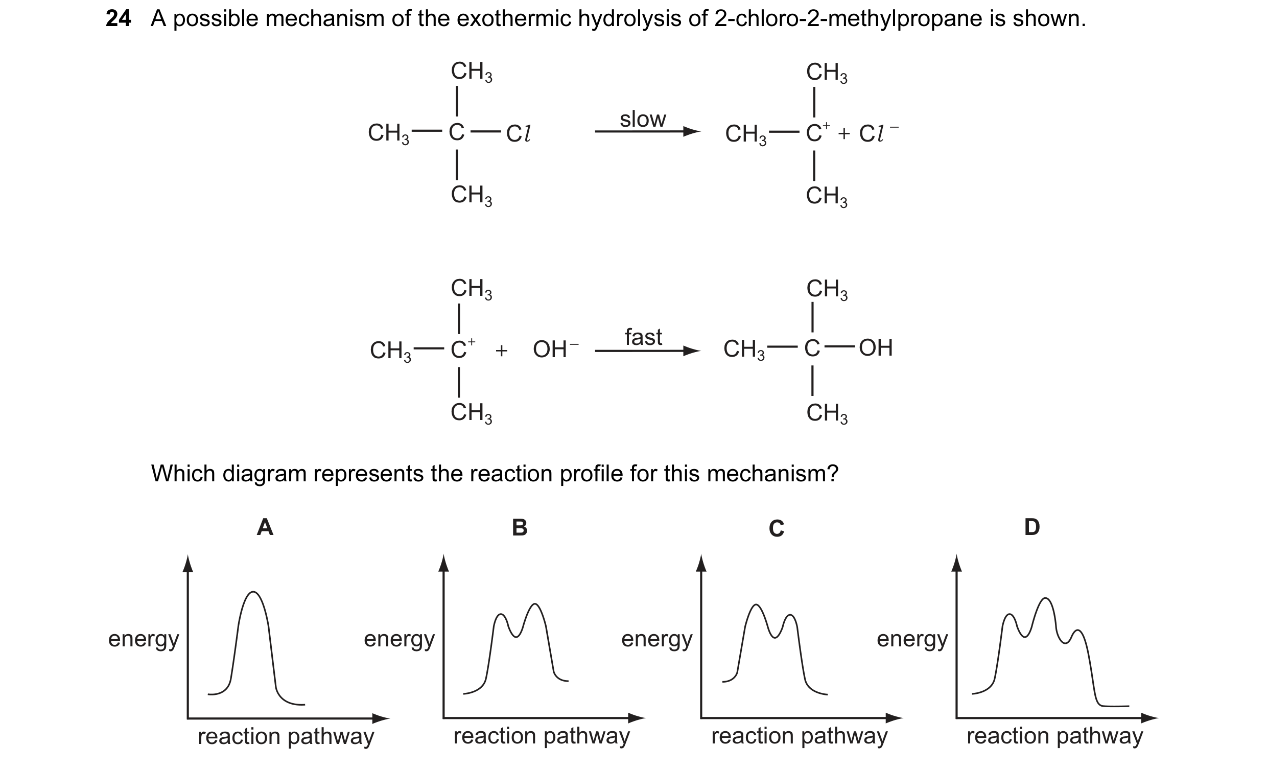 Question 14: A possible mechanism of the exothermic hydrolysis of 2-chloro-2-methylpropane is shown. CH3 CH3 slow + _ CH3 C Cl CH3 C + Cl CH3 CH3 CH3 CH…