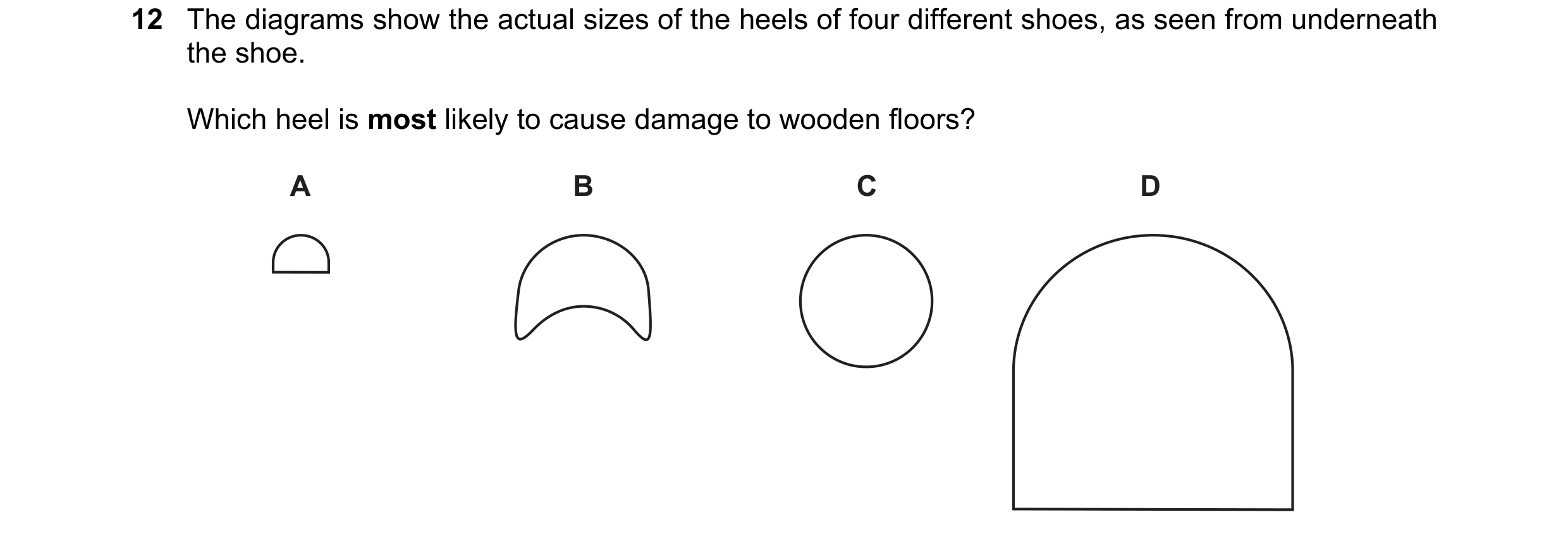 Question 112: The diagrams show the actual sizes of the heels of four different shoes, as seen from underneath the shoe. Which heel is most likely to cau…