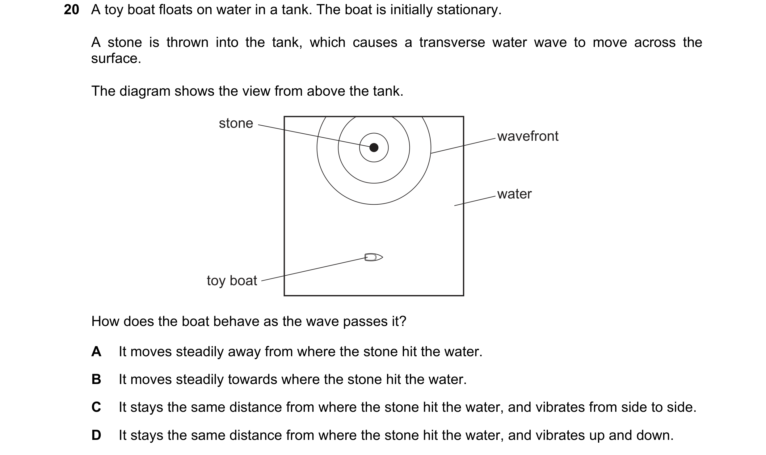 Question 126: A toy boat floats on water in a tank. The boat is initially stationary. A stone is thrown into the tank, which causes a transverse water wa…