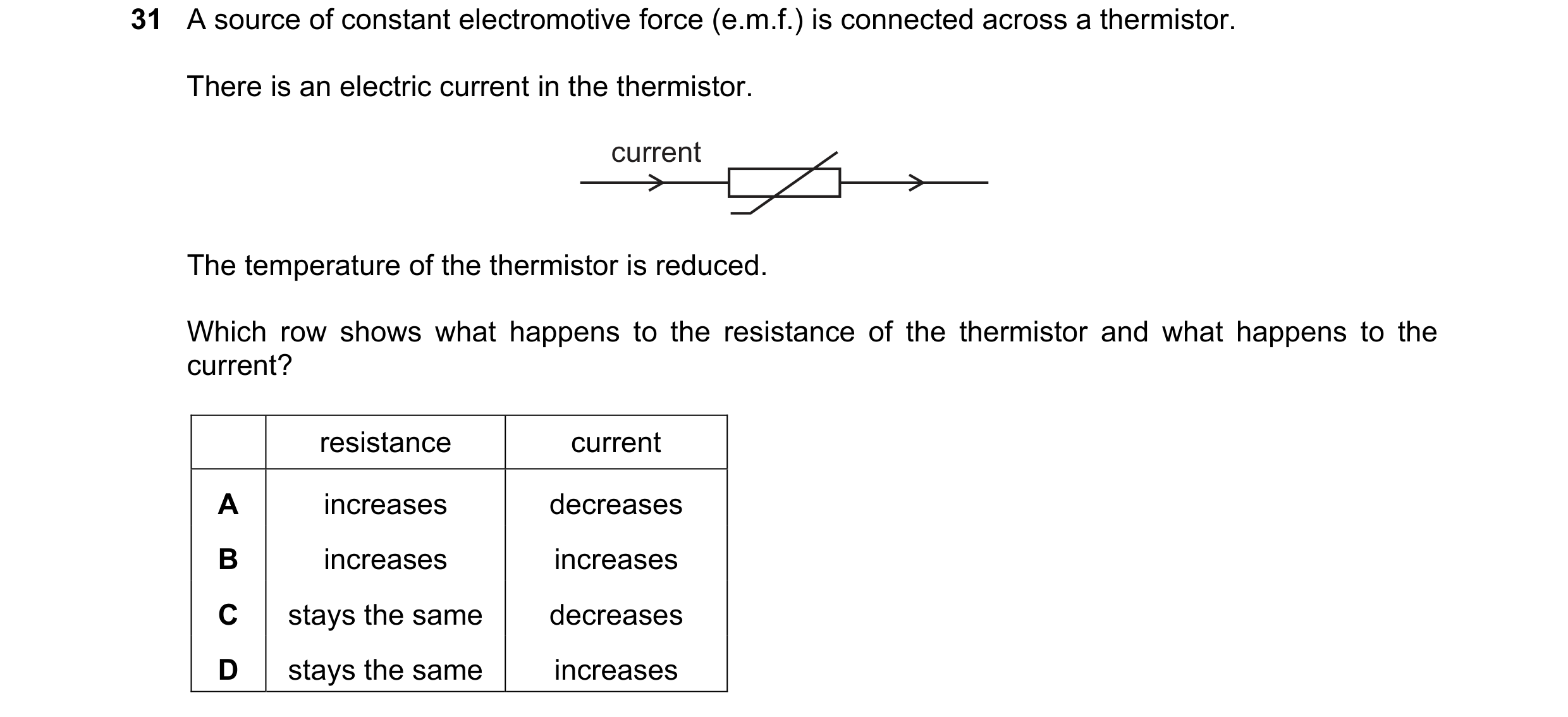 Question 205: A source of constant electromotive force (e.m.f.) is connected across a thermistor. There is an electric current in the thermistor. current…