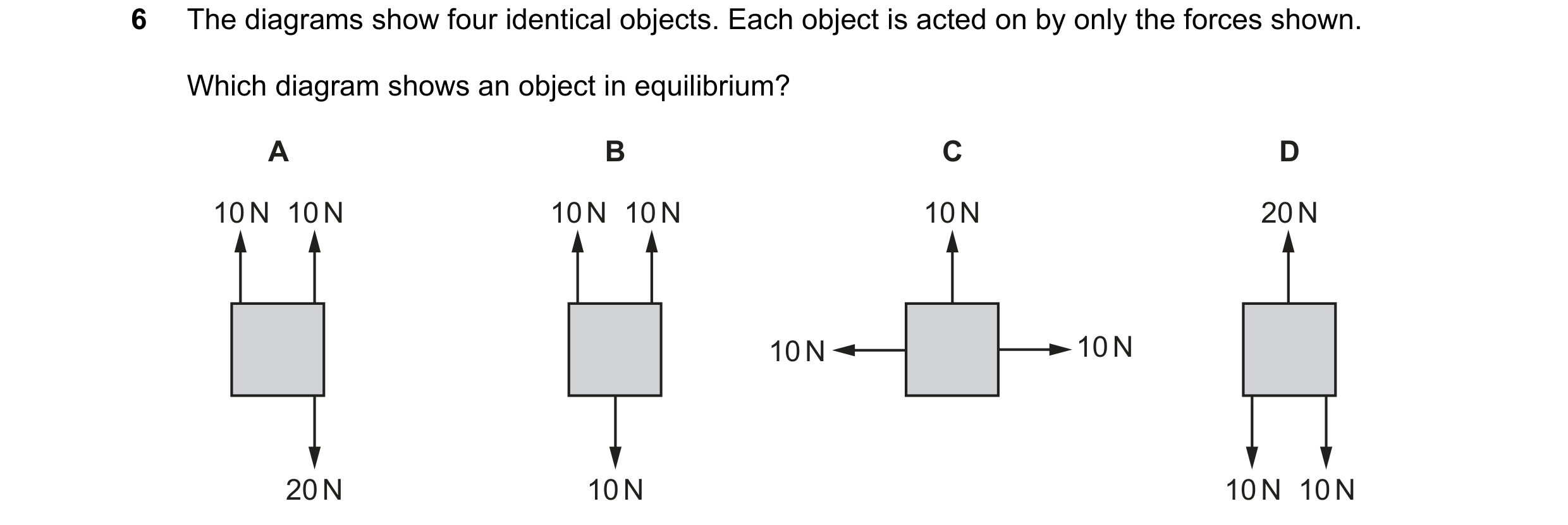 Question 136: The diagrams show four identical objects. Each object is acted on by only the forces shown. Which diagram shows an object in equilibrium? A…