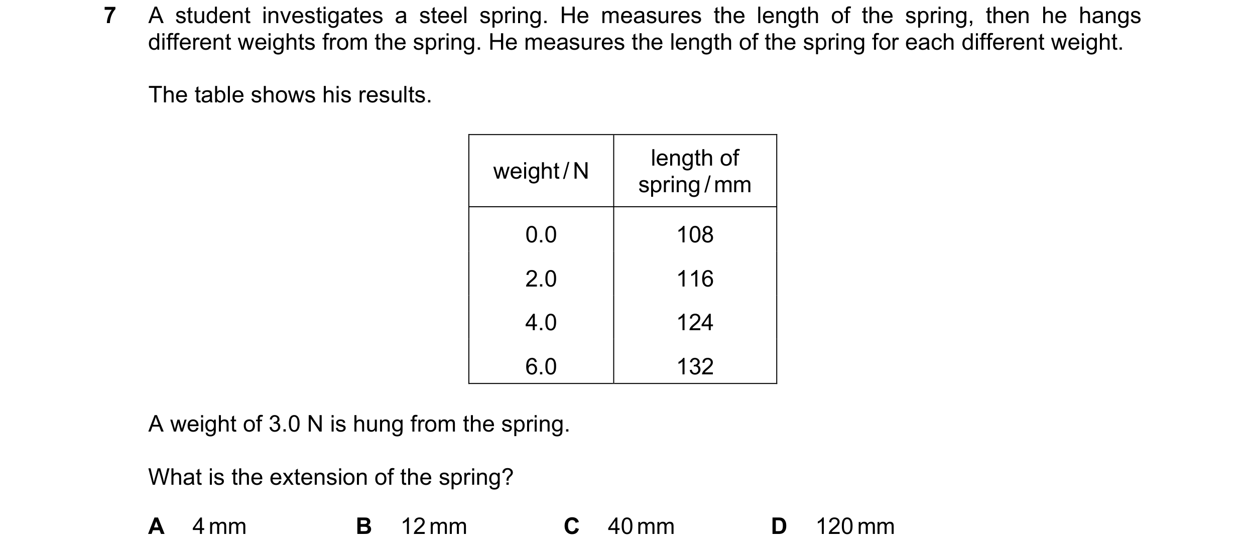 Question 137: A student investigates a steel spring. He measures the length of the spring, then he hangs different weights from the spring. He measures t…