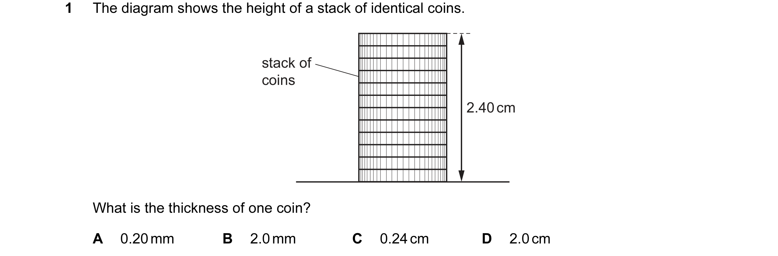 Question 106: The diagram shows the height of a stack of identical coins. stack of coins 2.40 cm What is the thickness of one coin? A 0.20 mm B 2.0 mm C …