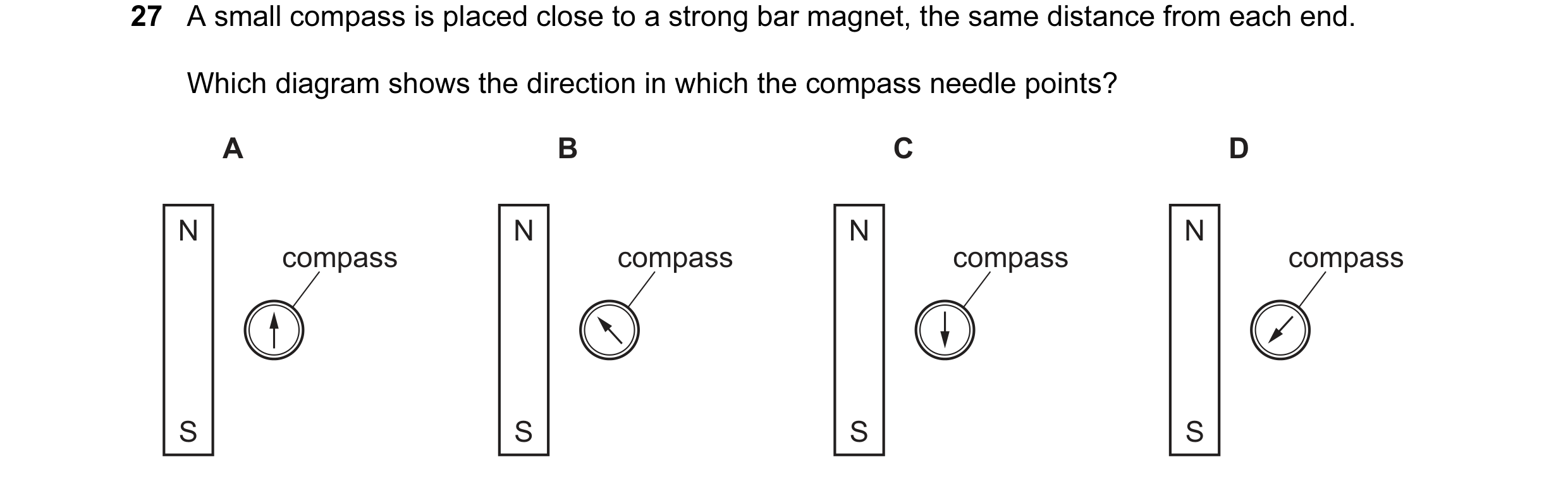 Question 111: A small compass is placed close to a strong bar magnet, the same distance from each end. Which diagram shows the direction in which the com…