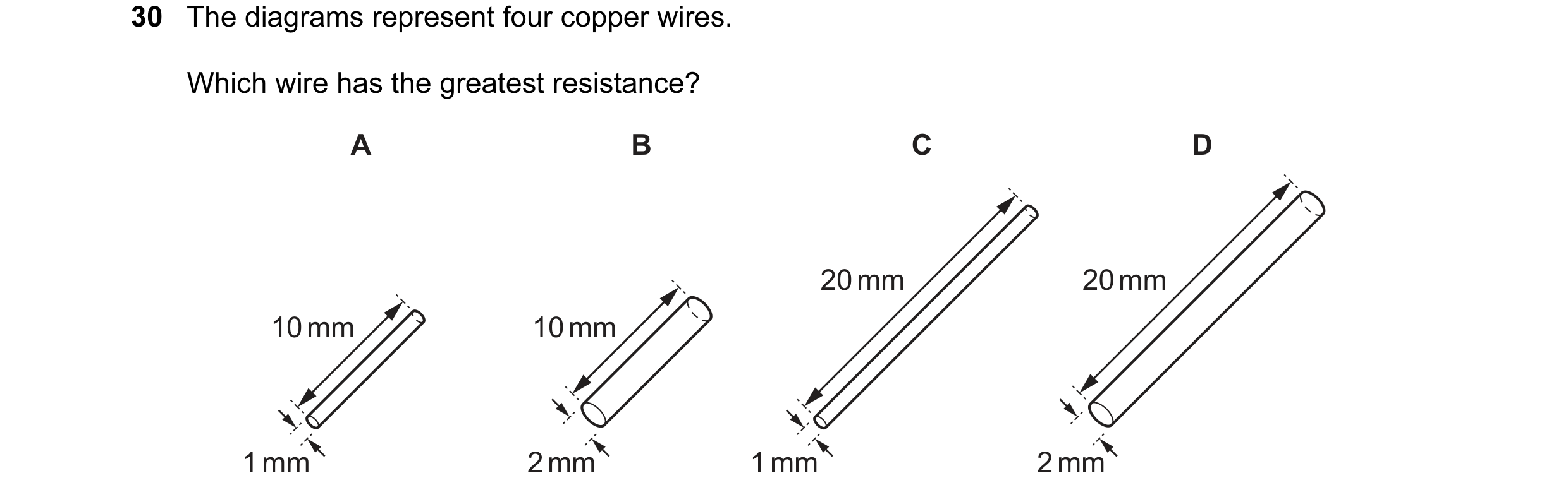 Question 214: The diagrams represent four copper wires. Which wire has the greatest resistance? A B C D 20 mm 20 mm 10 mm 10 mm 1 mm 2 mm 1 mm 2 mm