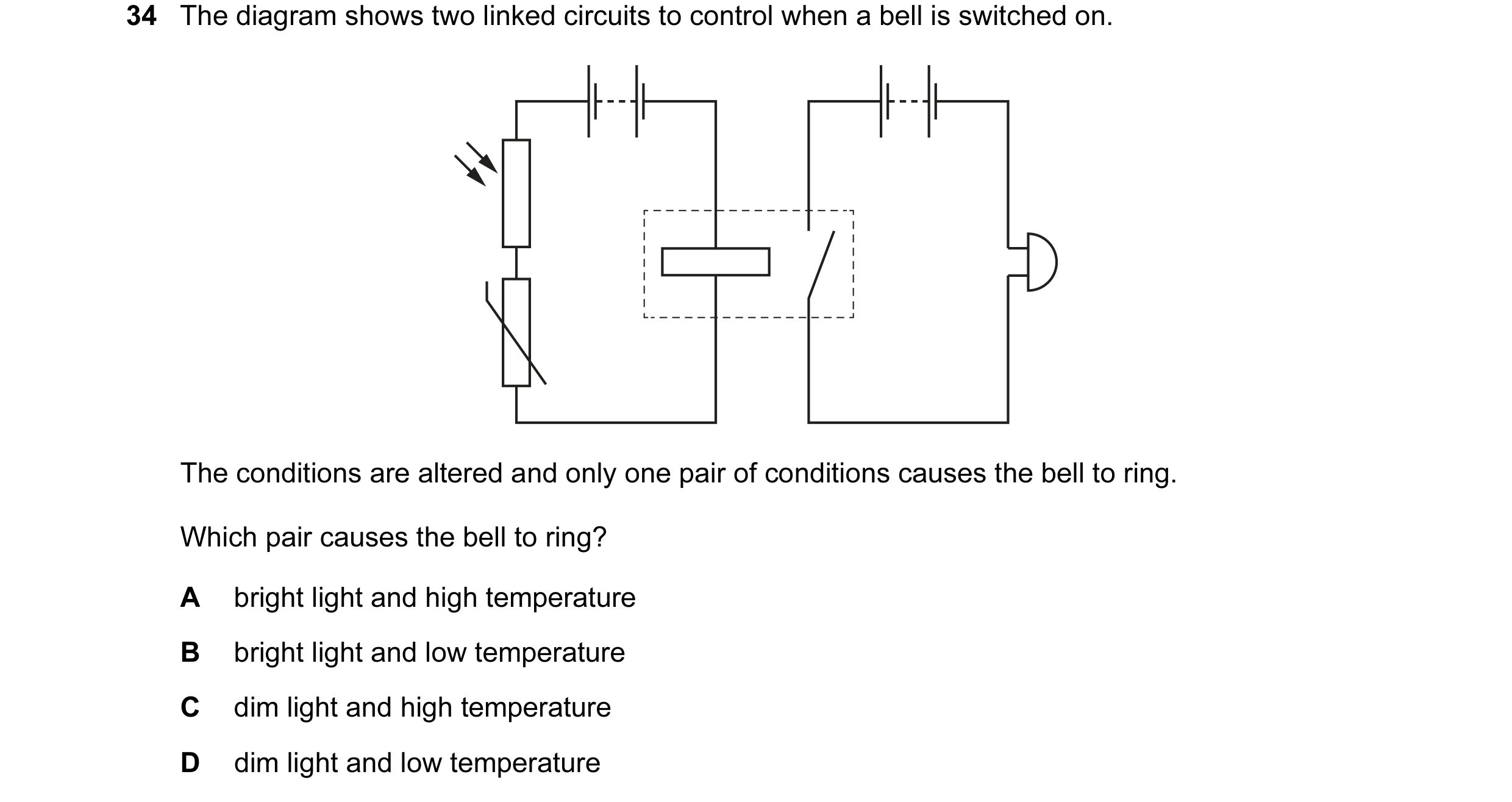 Question 224: The diagram shows two linked circuits to control when a bell is switched on. The conditions are altered and only one pair of conditions cau…
